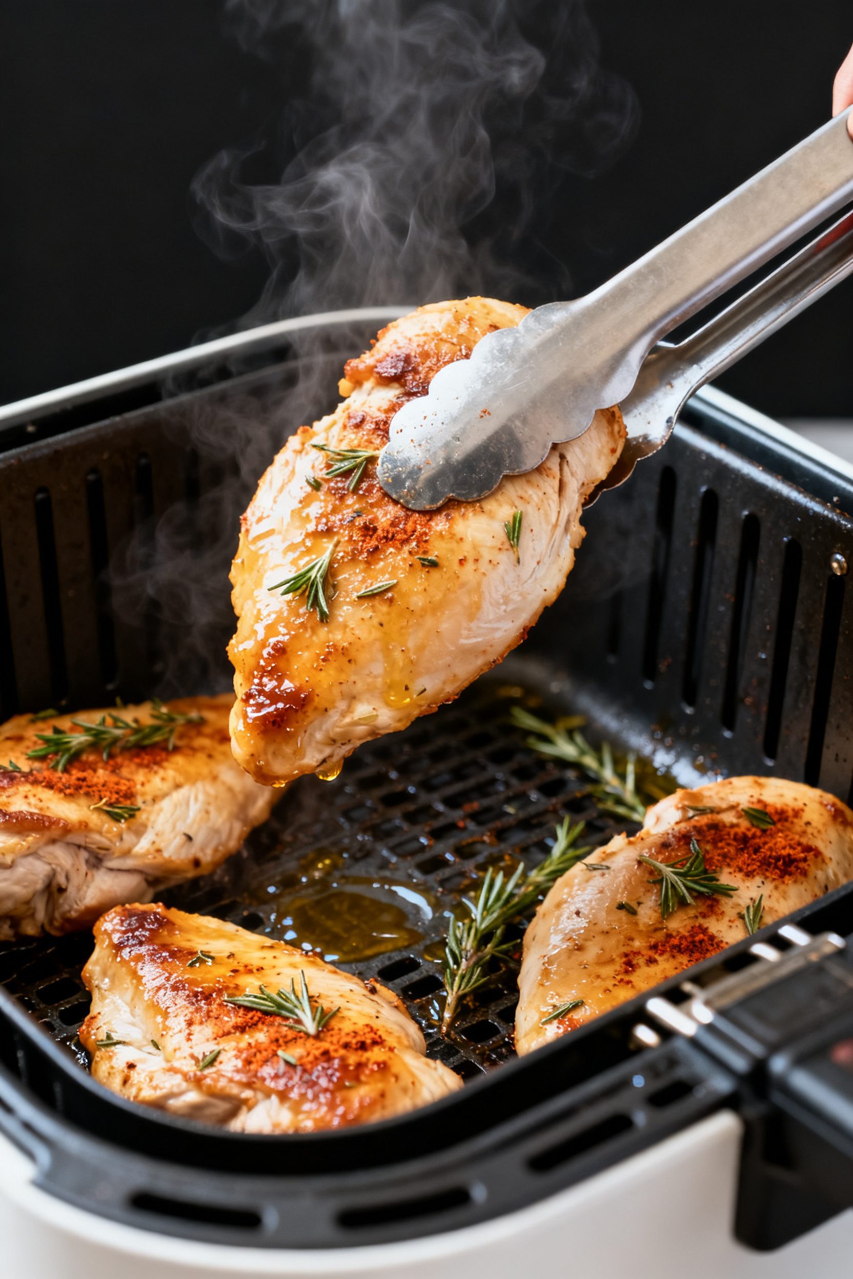 Cooking process, mid-cook flip: Close-up of marinated chicken breasts sizzling in an open air fryer 