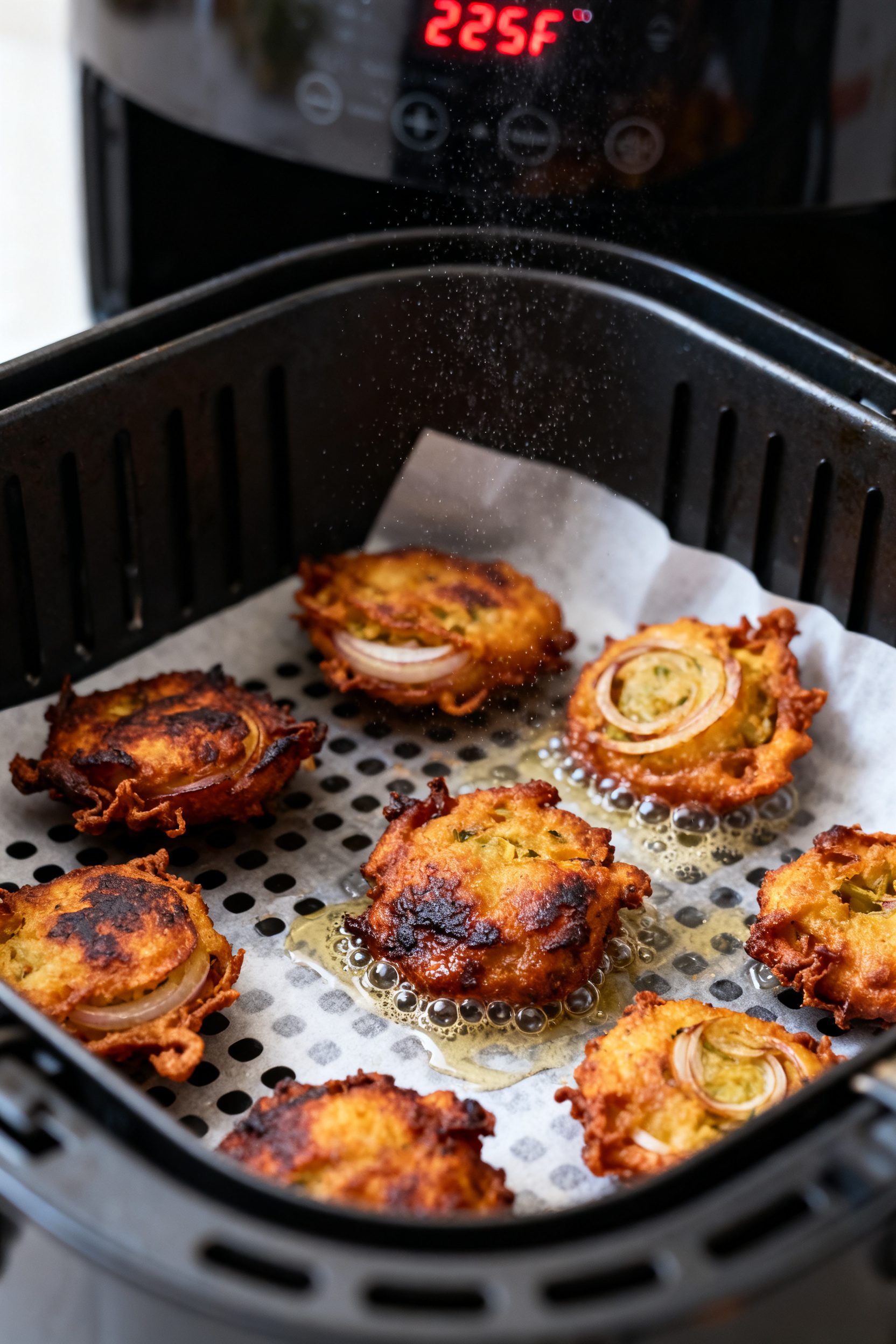 Cooking process: Onion bajji in an air fryer basket mid-cook, single layer without crowding, pieces 