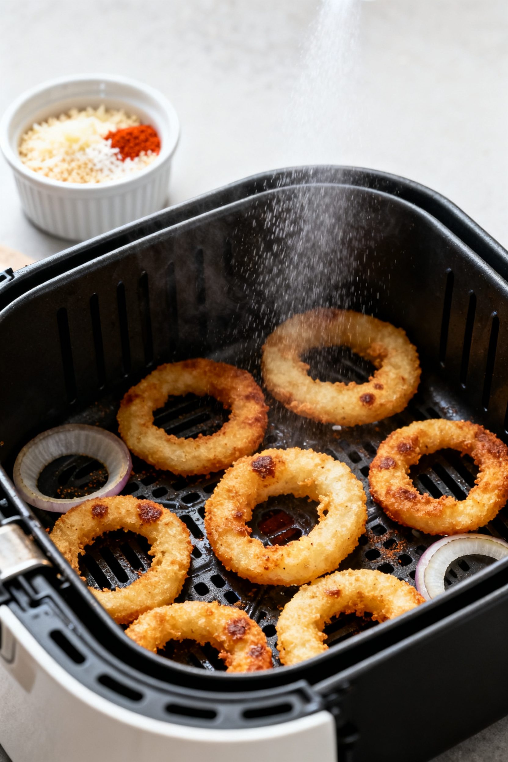 Cooking process: Onion rings mid-cook in an air fryer basket at 380°F, arranged in a single layer w