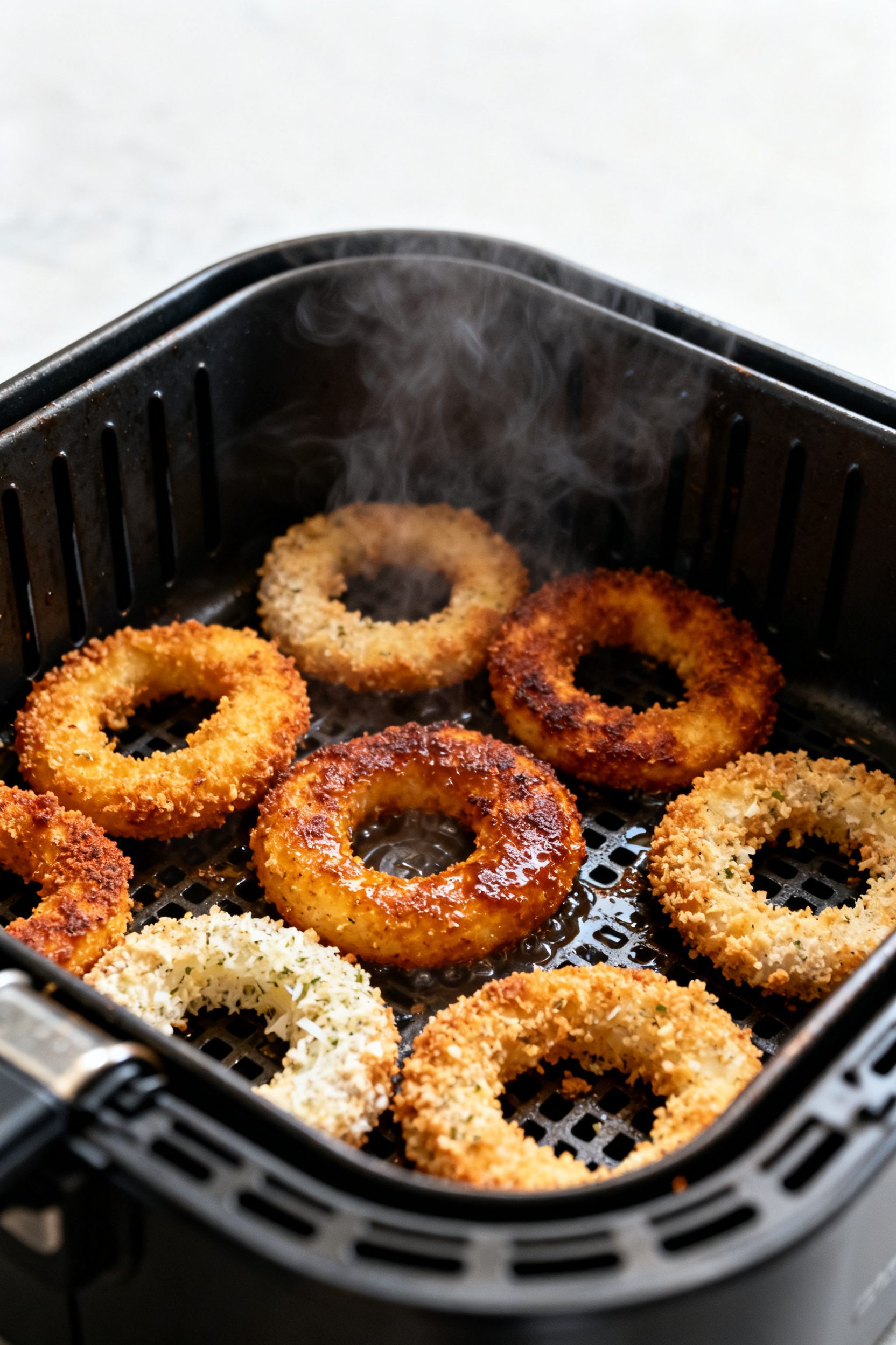 Cooking process: Onion rings mid-cook in the air fryer basket, single layer without overlap, half fl