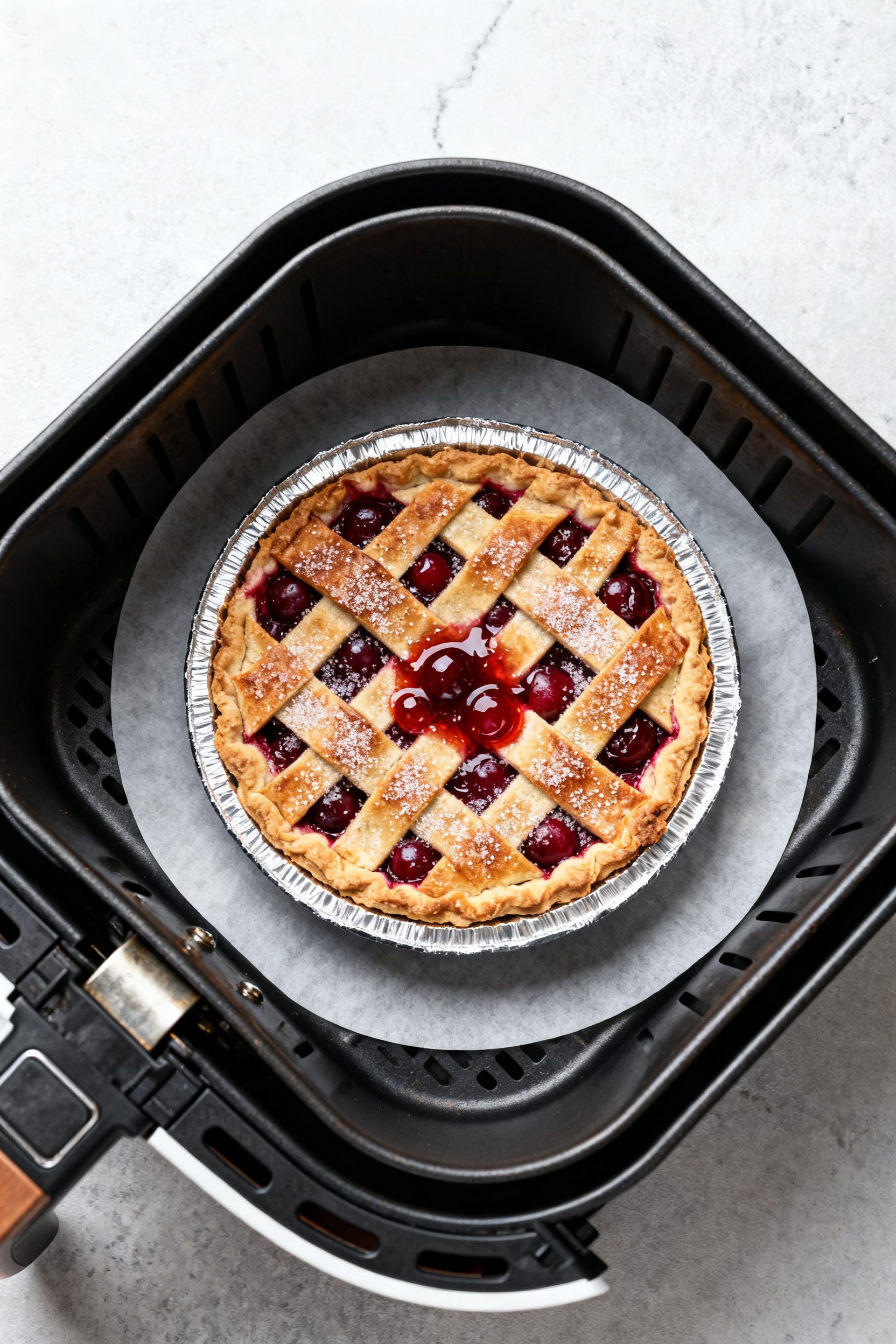 Cooking process: Overhead shot of a 6–7 inch cherry pie in a pie tin inside an open air fryer bask