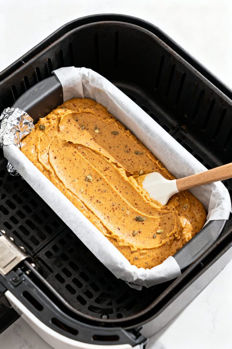 Cooking process: Overhead shot of a parchment-lined 8x4-inch loaf pan filled two-thirds with silky p