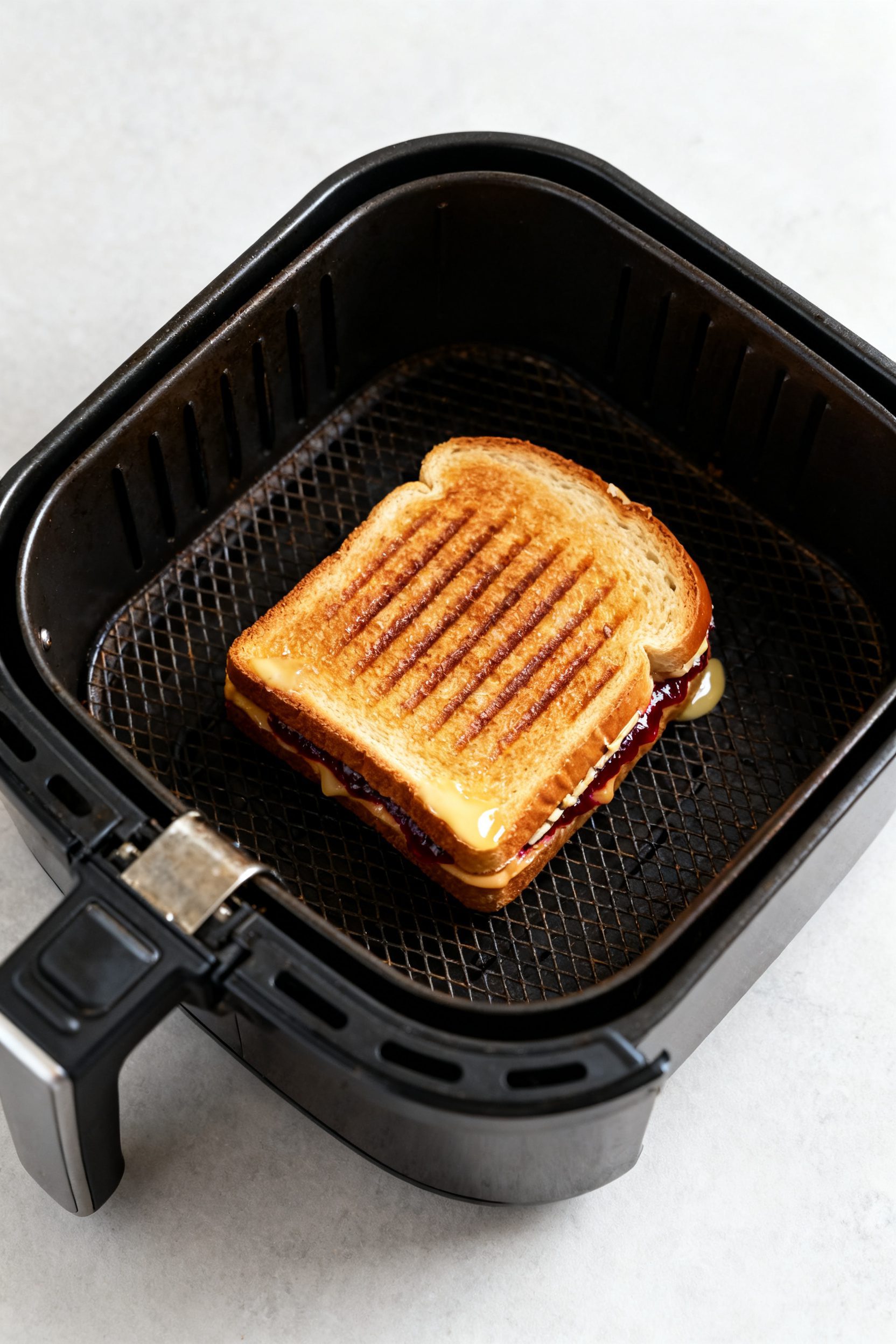 Cooking process: Overhead shot of a PB&J mid-cook in an open air fryer basket at 370°F, sandwich fl