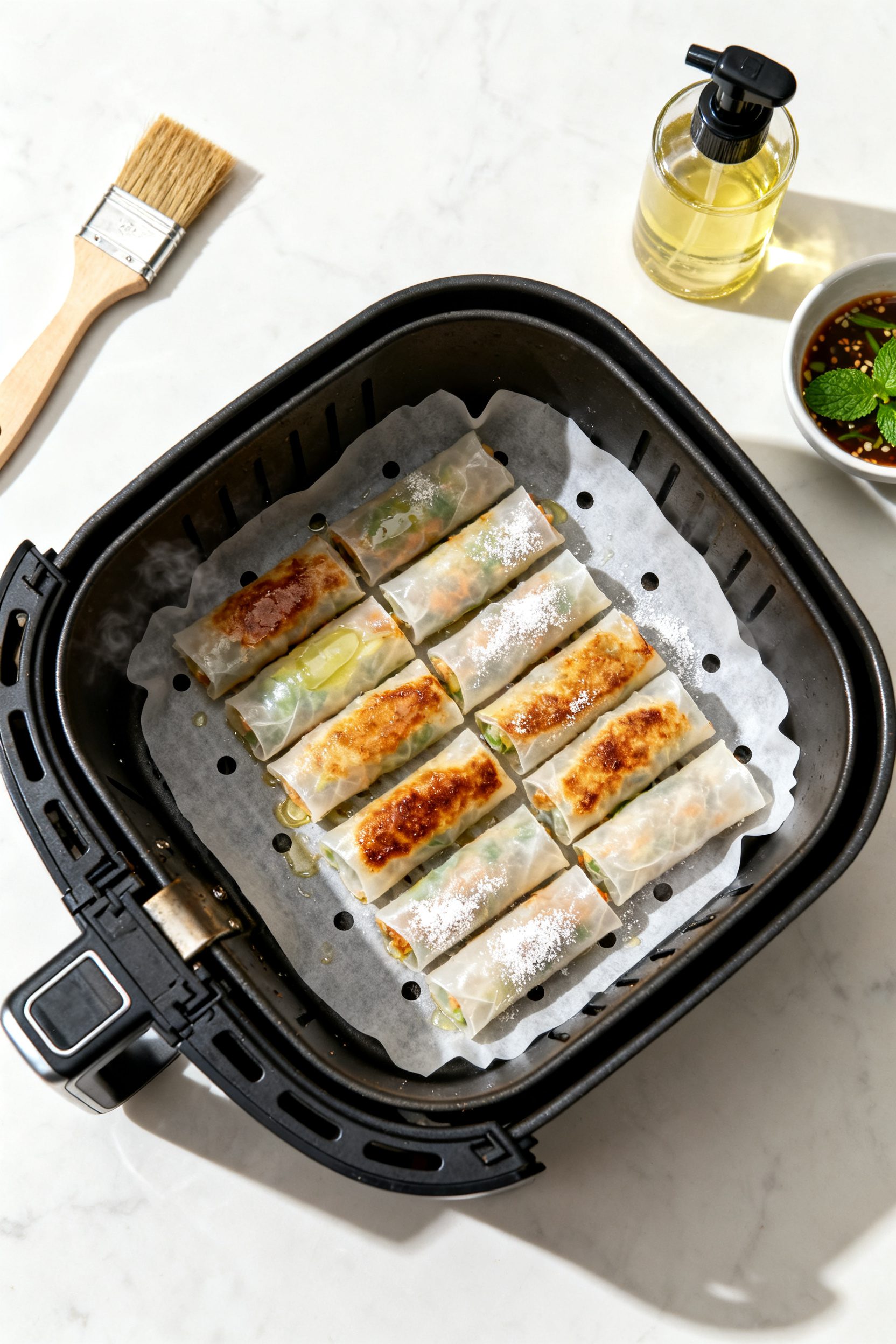Cooking process: Overhead shot of a preheated air fryer basket at 375°F with a neatly spaced single