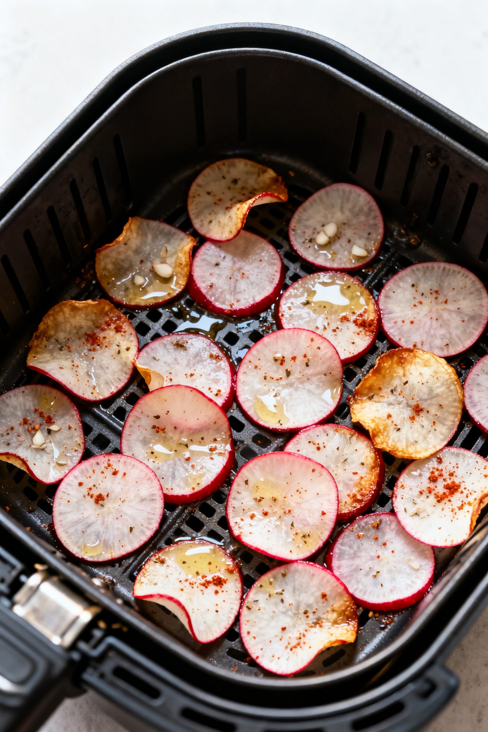 Cooking process: Overhead shot of a single-layer batch of radish chips mid-cook in an air fryer bask