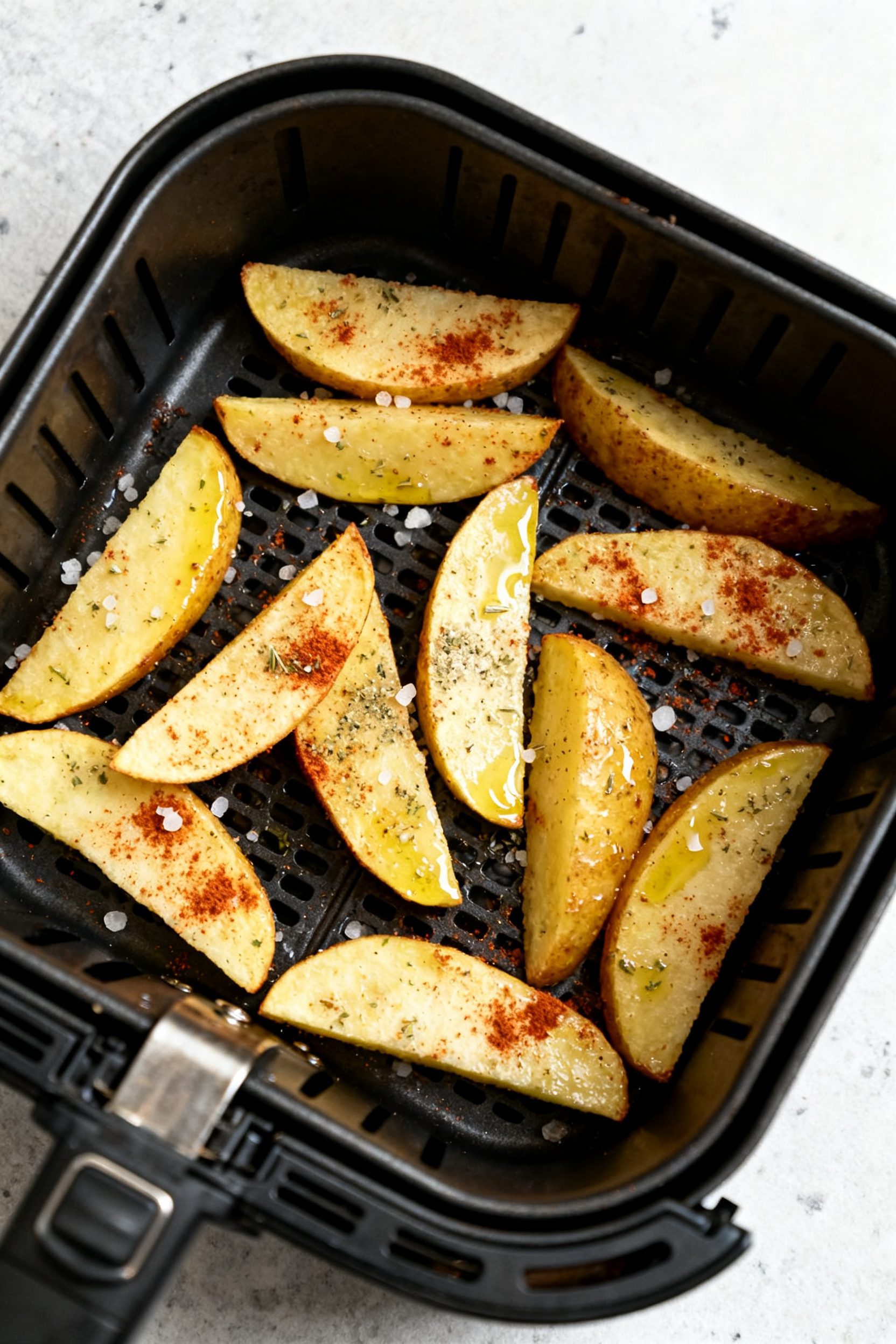 Cooking process: Overhead shot of a single-layer load in the air fryer basket at 350°F—uniform we