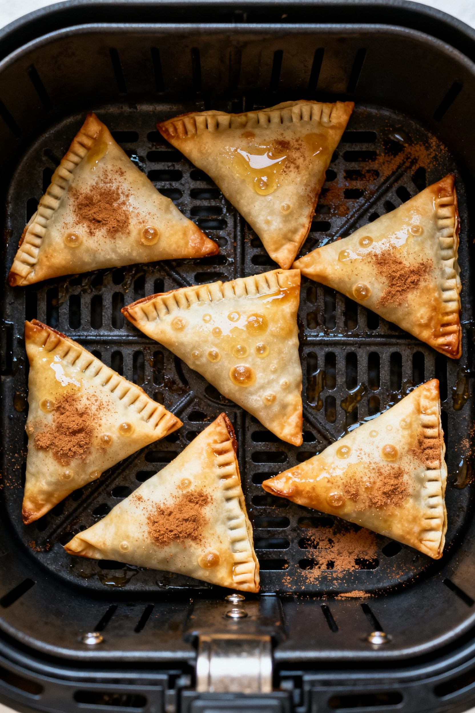Cooking process: Overhead shot of a single layer of sealed triangular wontons in an air fryer basket