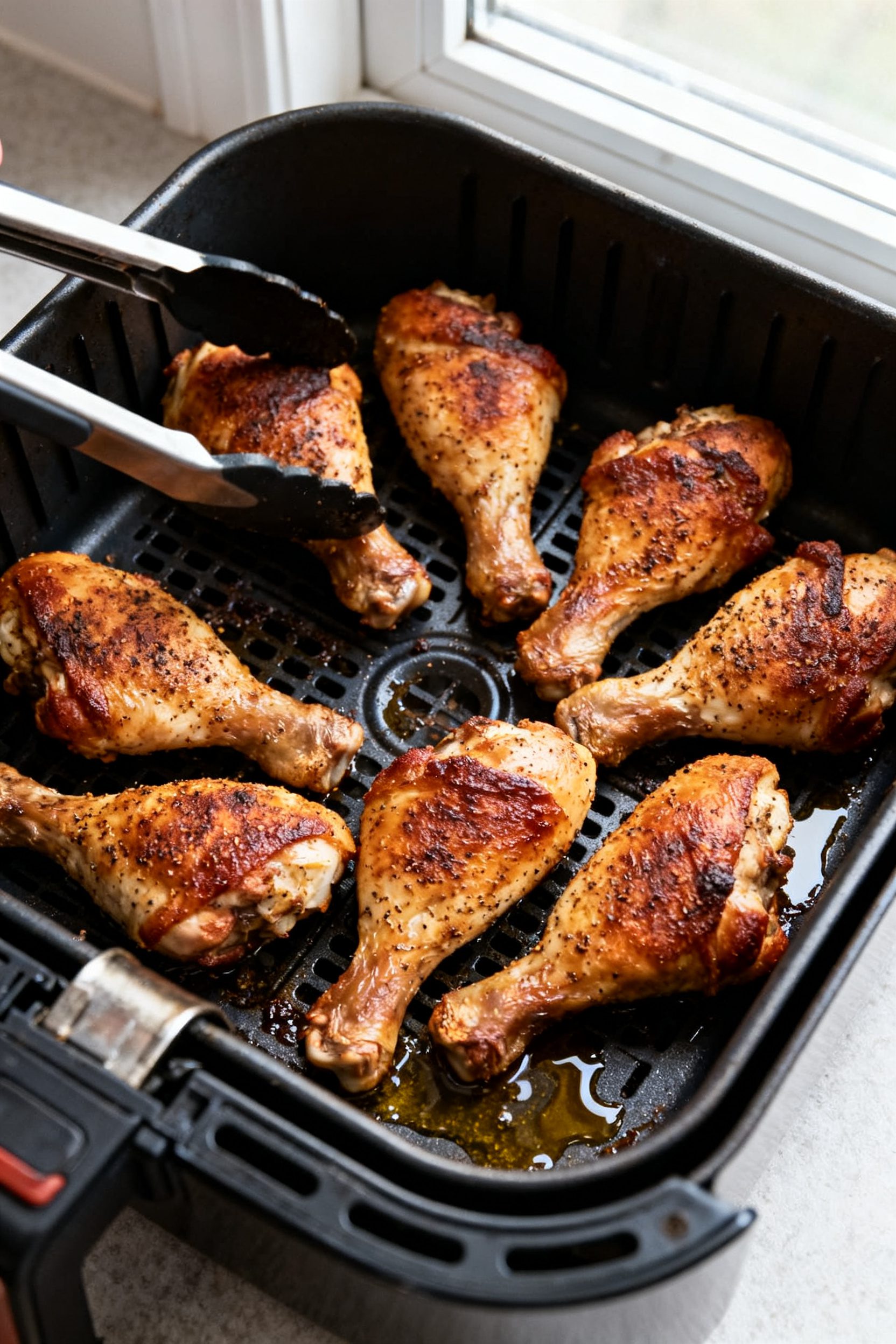 Cooking process: Overhead shot of a single layer of seasoned chicken legs arranged in an air fryer b