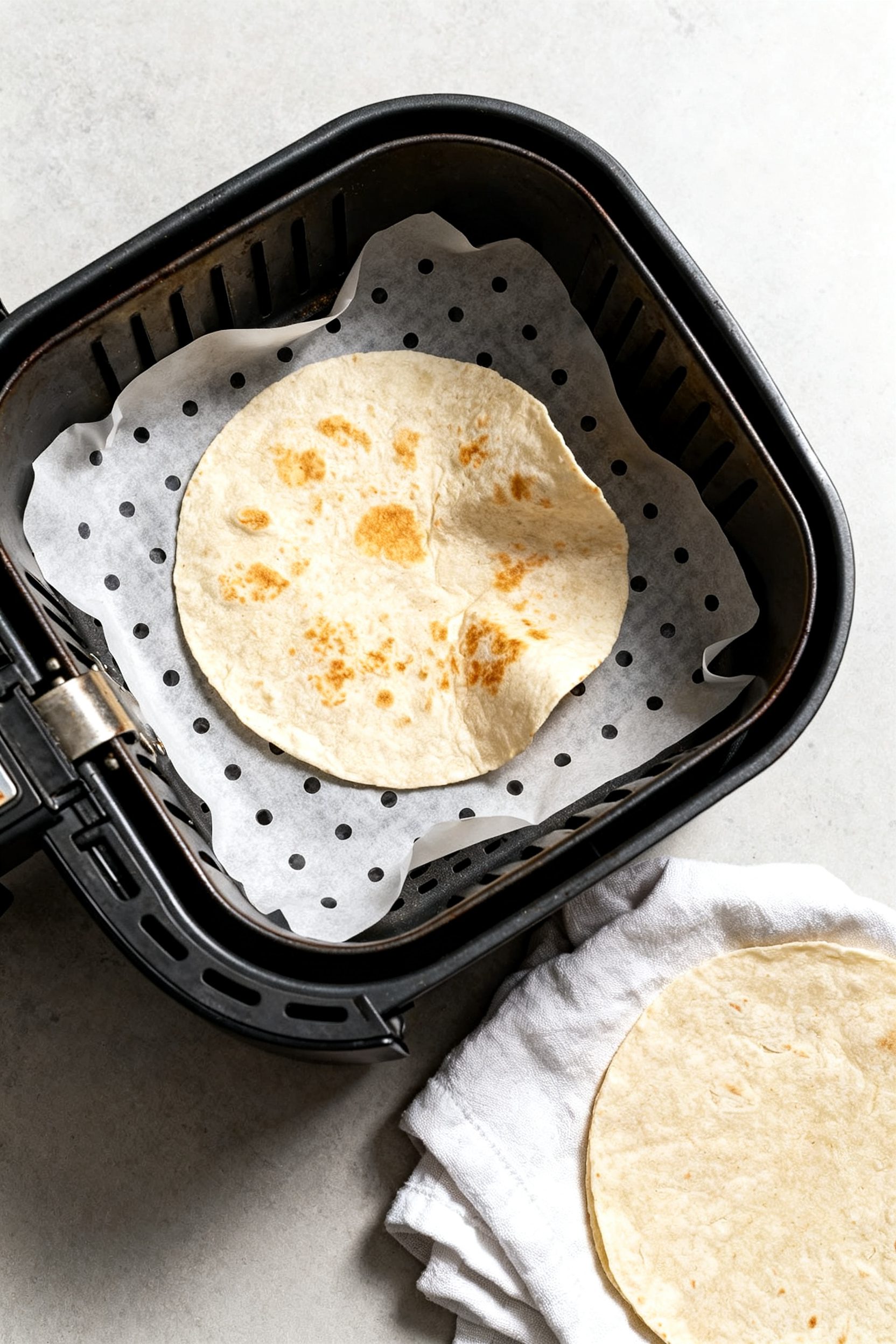 Cooking process: Overhead shot of a thinly pressed tortilla round on perforated parchment inside an 
