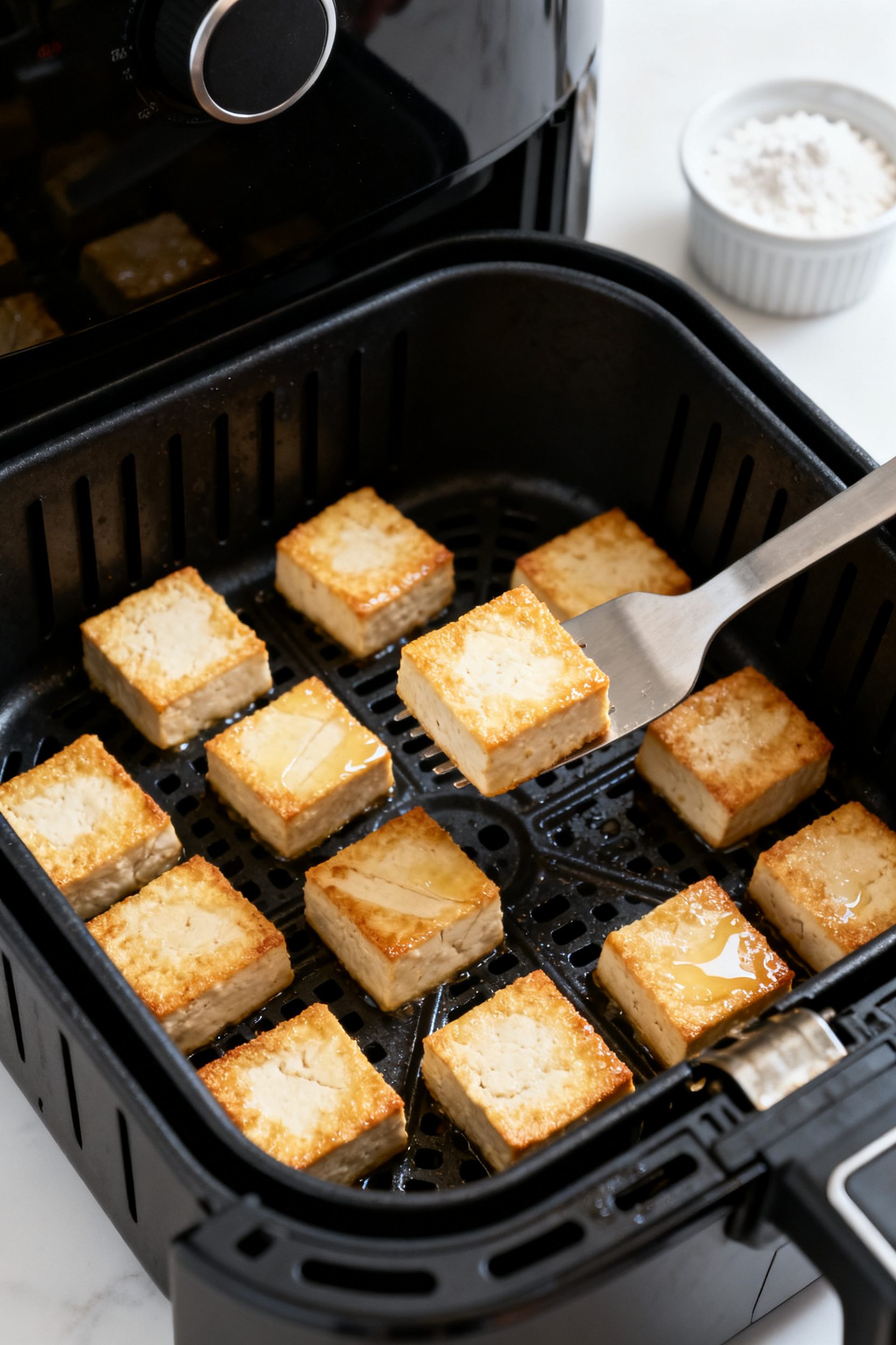 Cooking process: Overhead shot of air-fryer basket just opened at halfway flip, showing evenly space