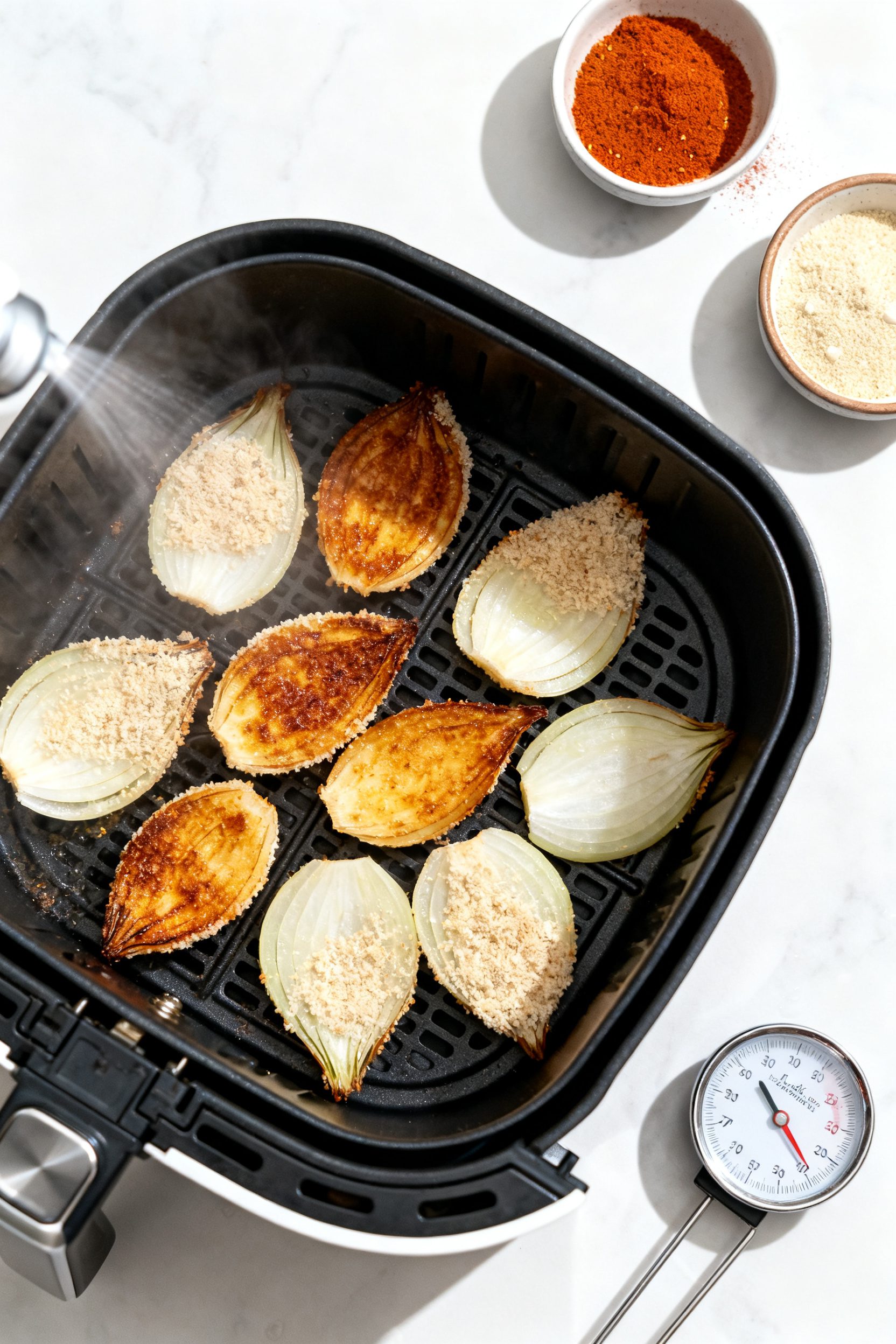 Cooking process: Overhead shot of an air fryer basket loaded in a single layer with breaded onion pe