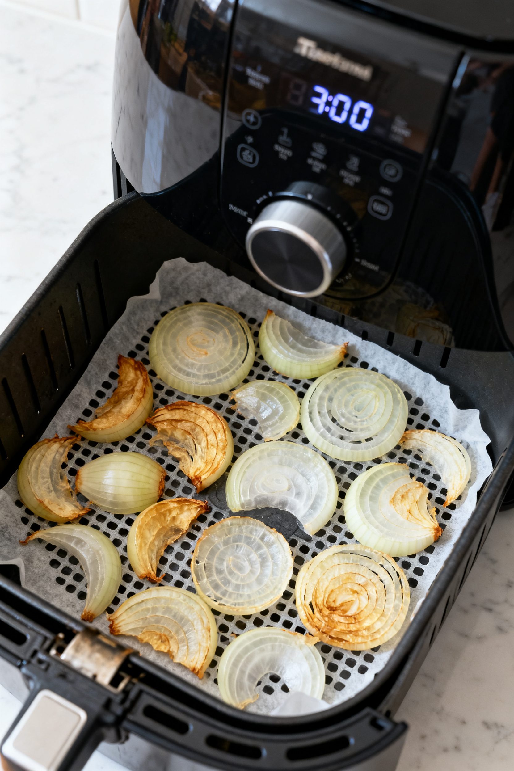 Cooking process: Overhead shot of an air fryer basket lined with a perforated parchment or mesh mat,