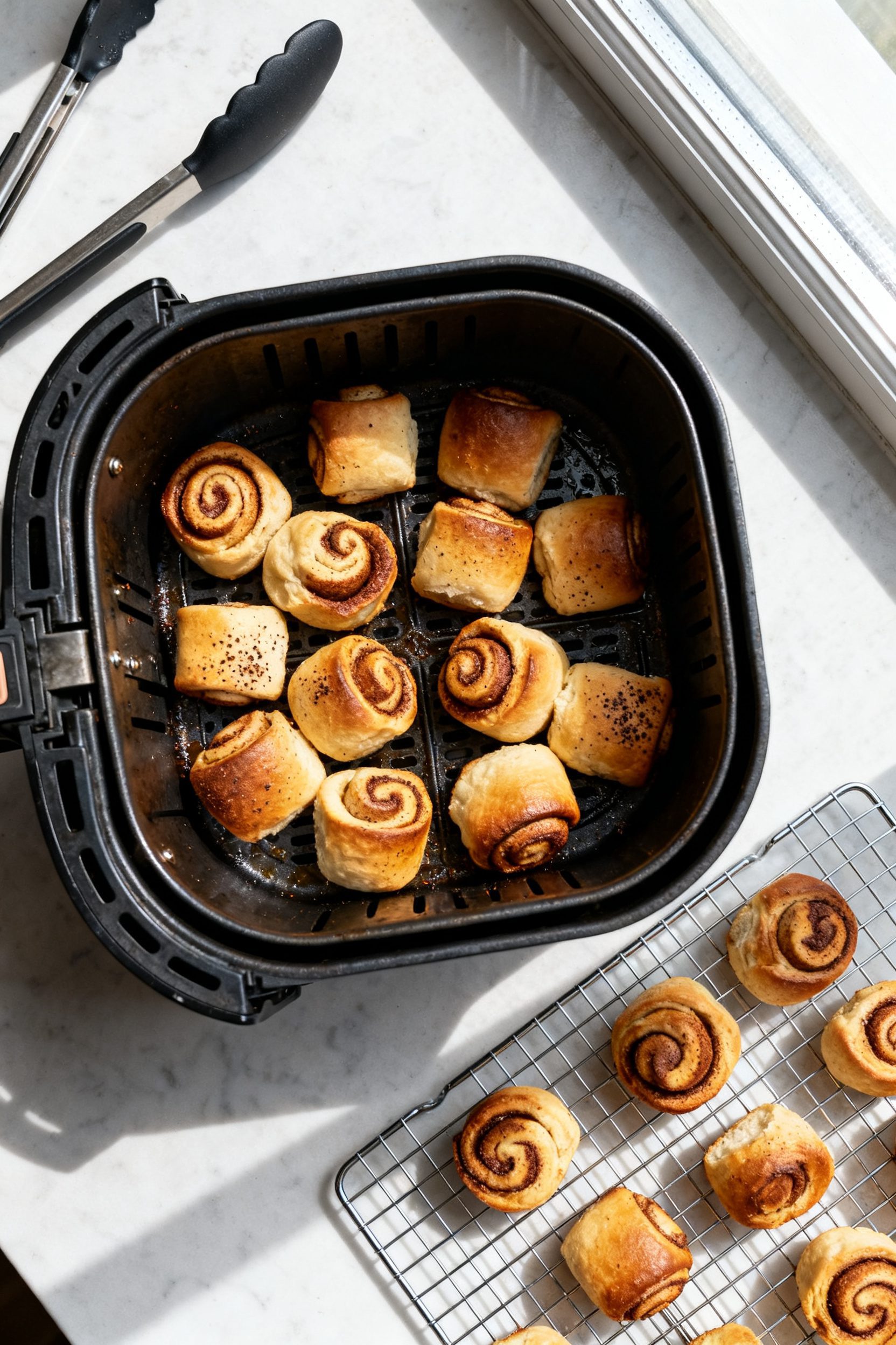 Cooking process: Overhead shot of an air fryer basket mid-batch, evenly spaced, puffed cinnamon roll