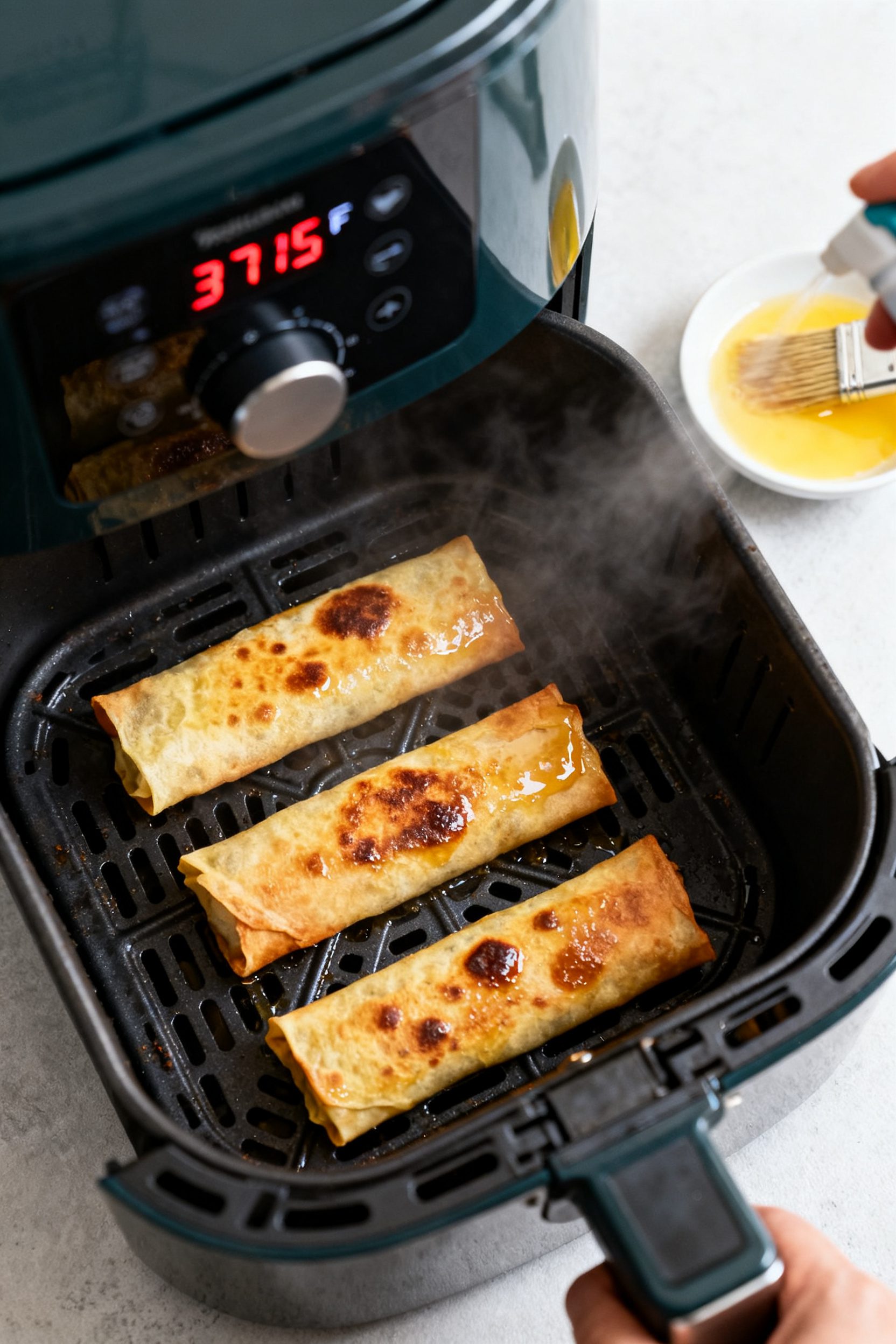 Cooking process: Overhead shot of an air fryer basket mid-cook with a single layer of lightly oiled 