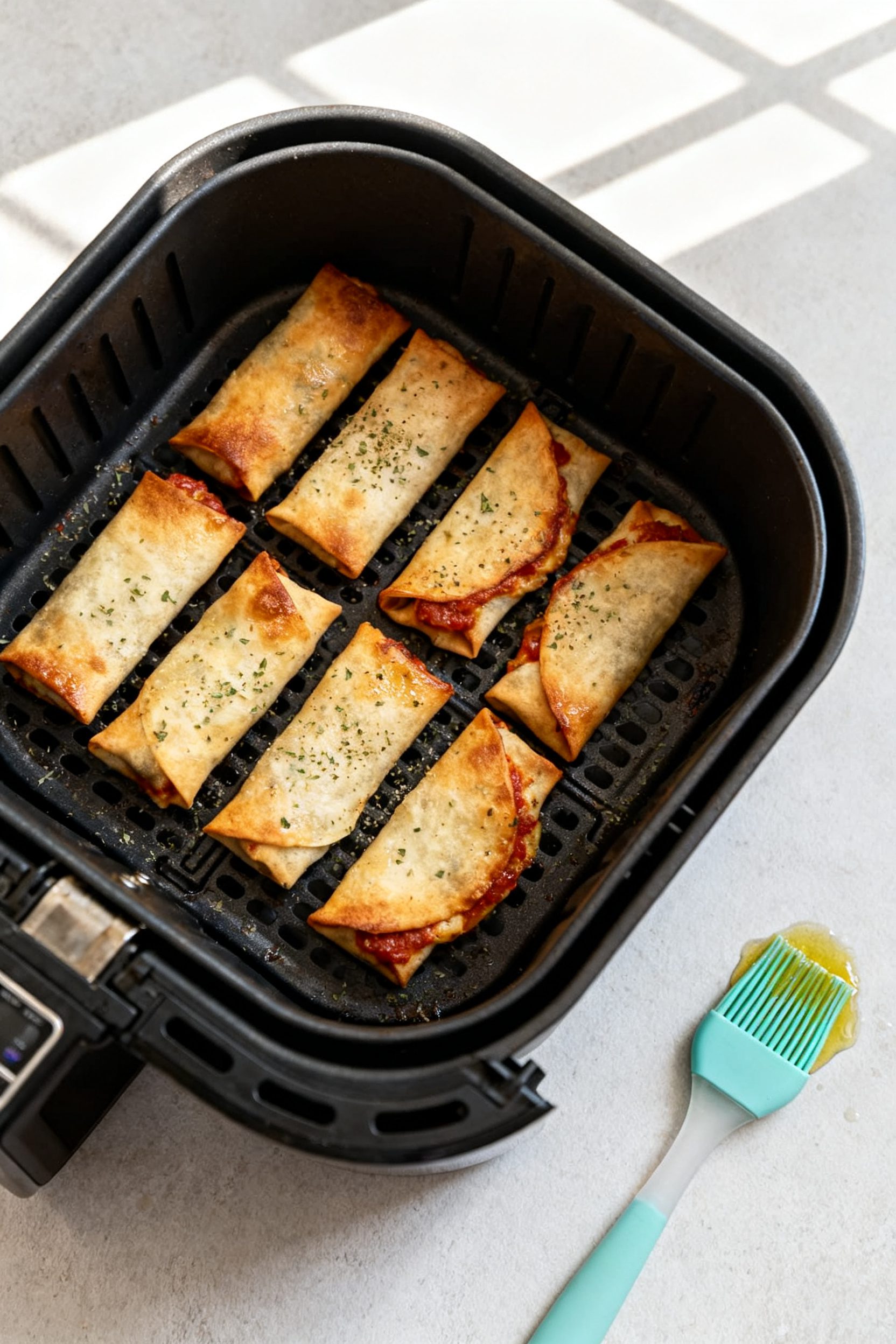 Cooking process: Overhead shot of an air fryer basket with a single, well-spaced layer of lightly oi