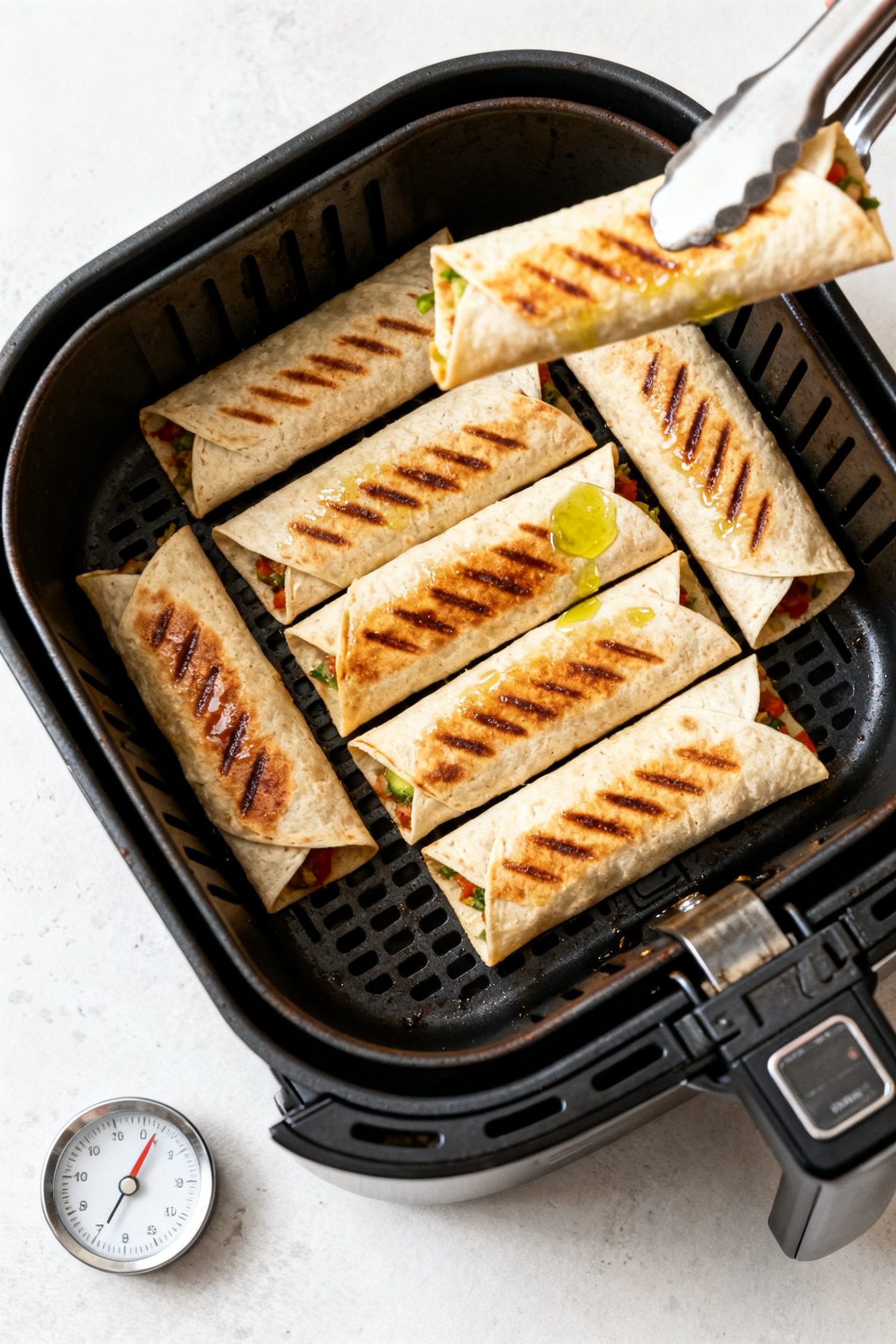Cooking process: Overhead shot of an air fryer basket mid-cook with neatly arranged flautas seam-sid