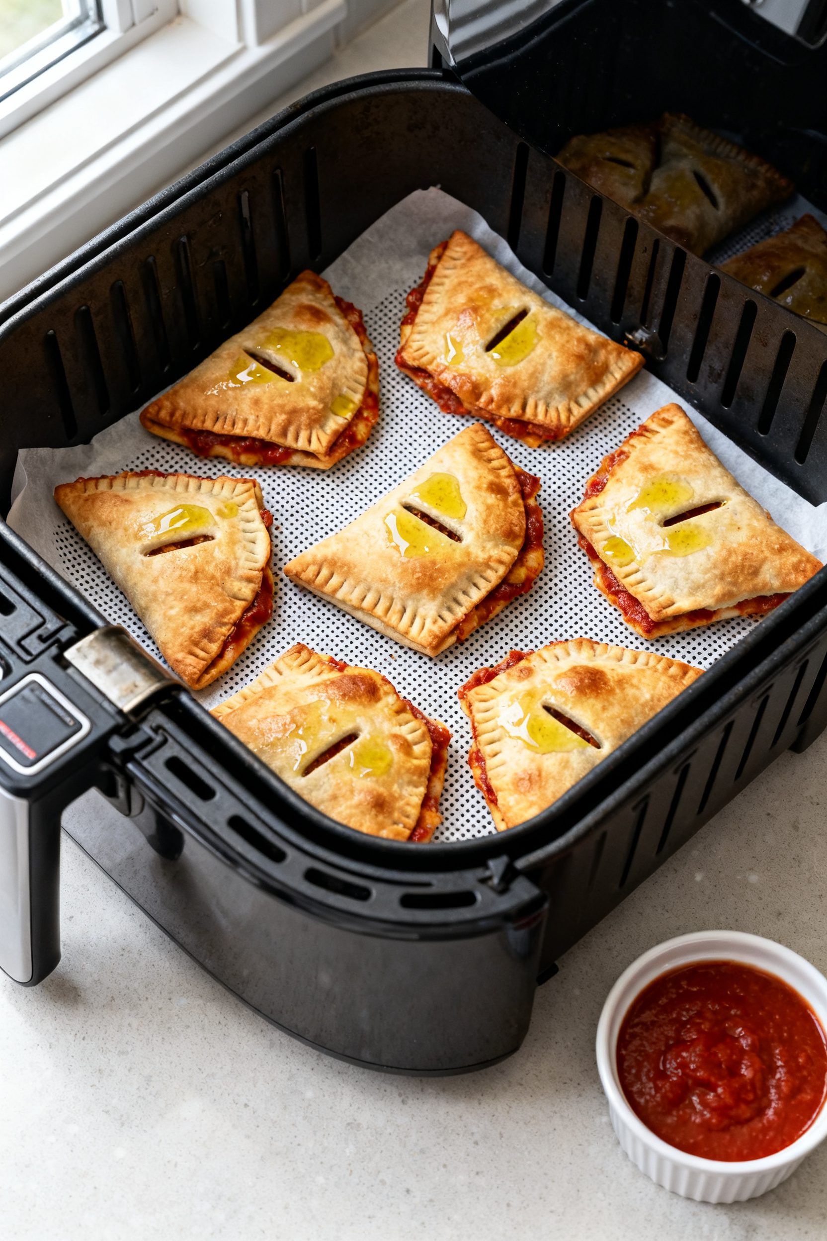 Cooking process: Overhead shot of an air fryer basket mid-batch with pizza pockets arranged in a sin