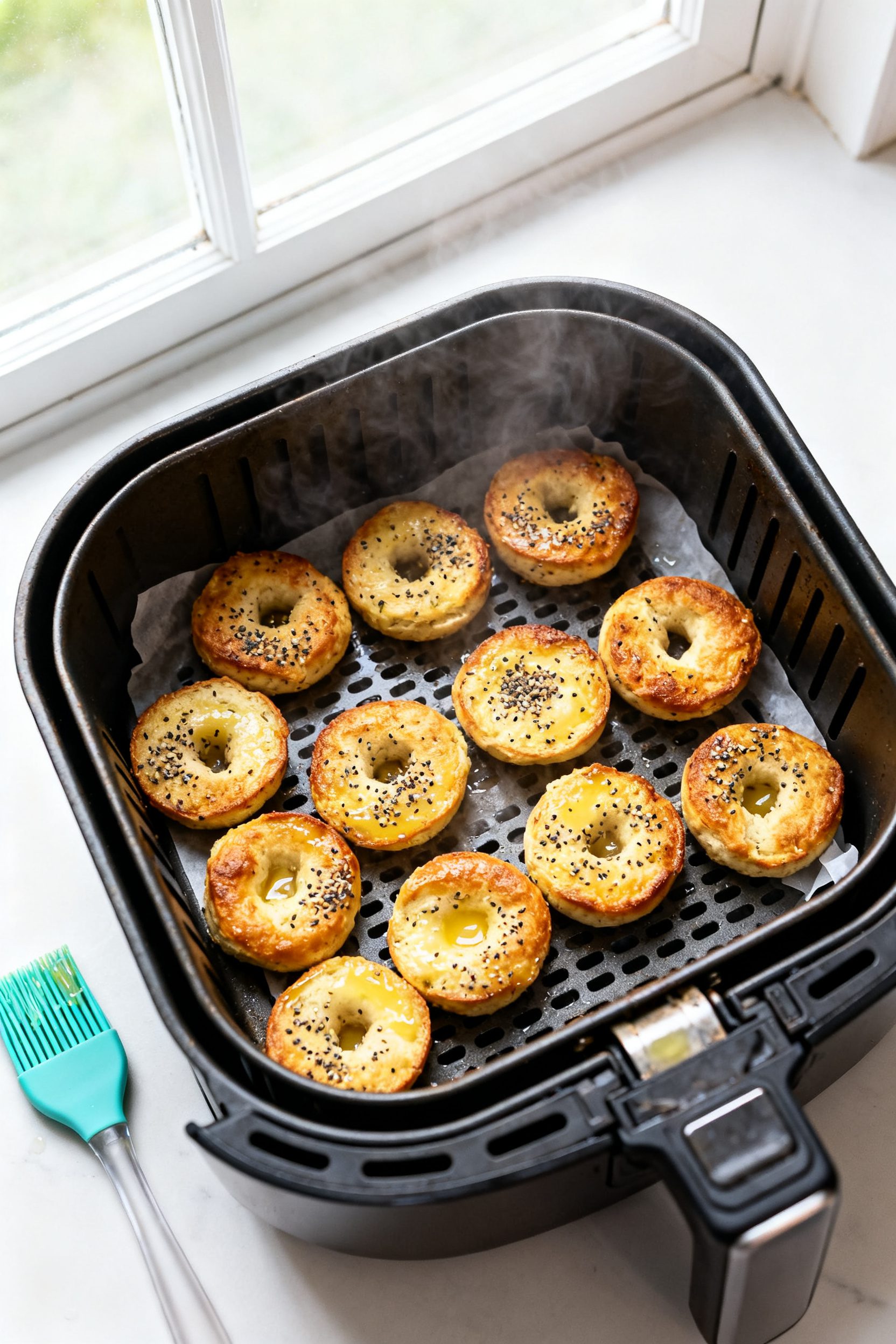 Cooking process: Overhead shot of an air fryer basket mid-batch with evenly spaced keto bagel bites 