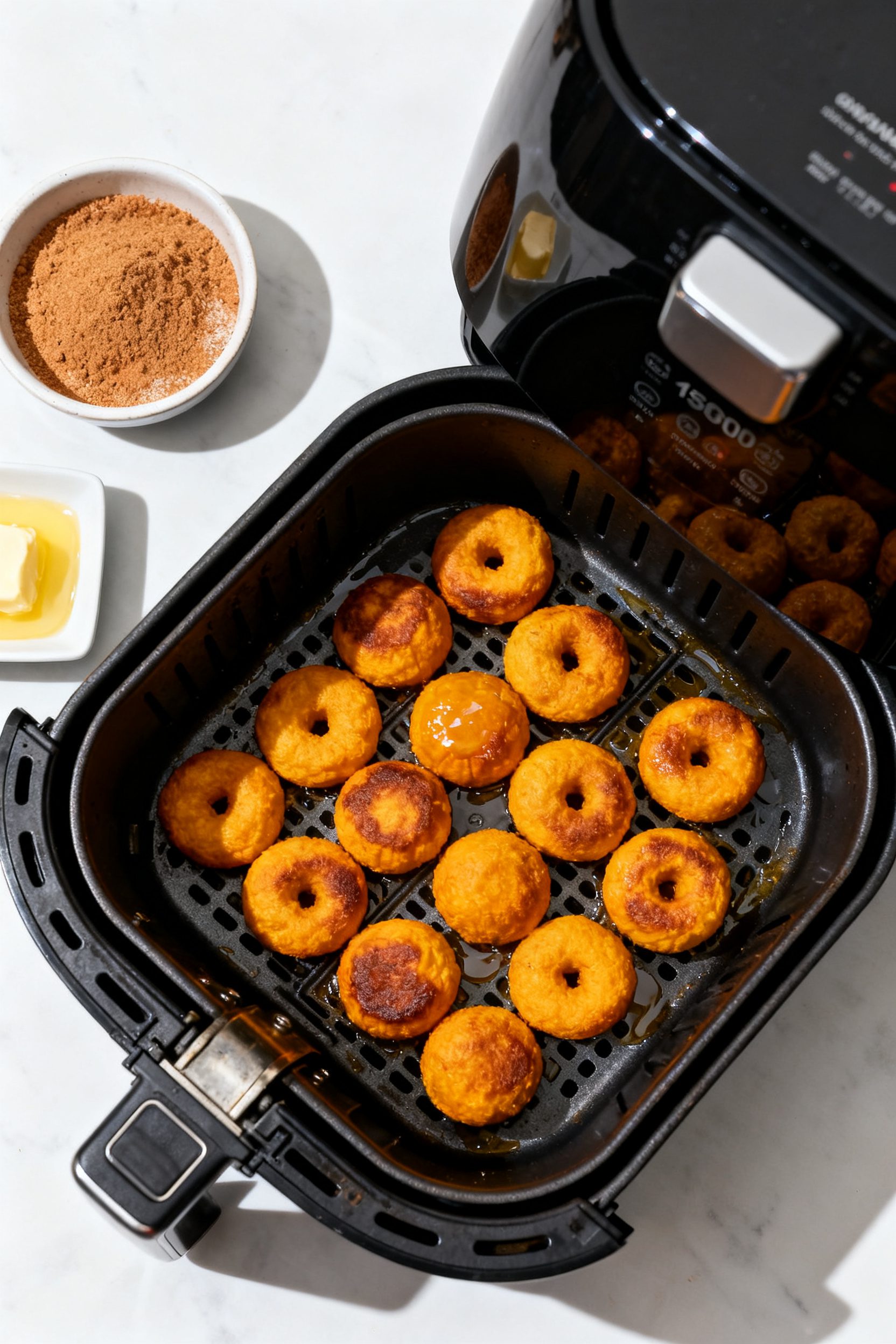 Cooking process: Overhead shot of an open air fryer basket at 350°F with a single layer of evenly s