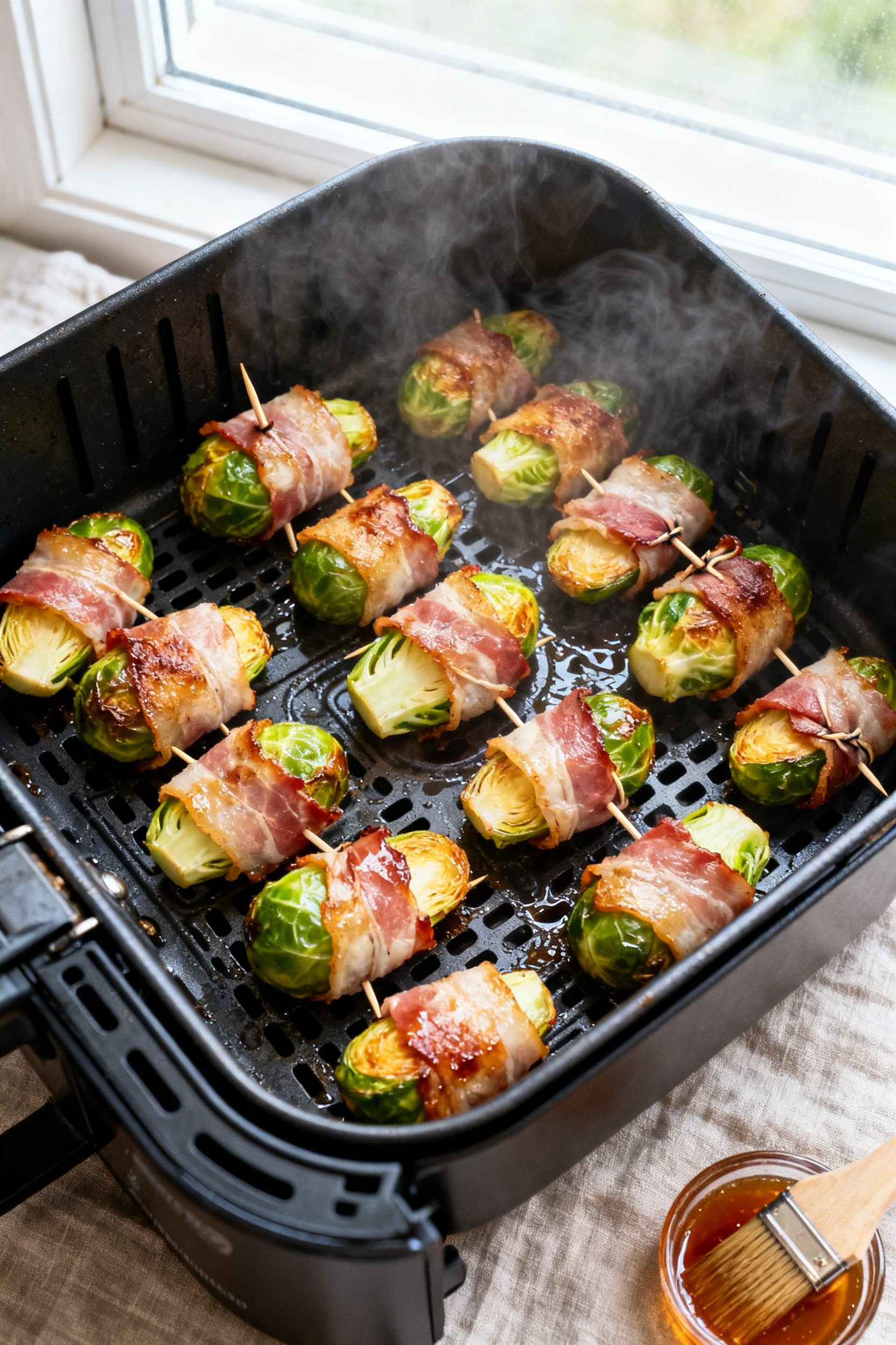Cooking process: Overhead shot of bacon-wrapped Brussels sprouts arranged in a single, spaced layer