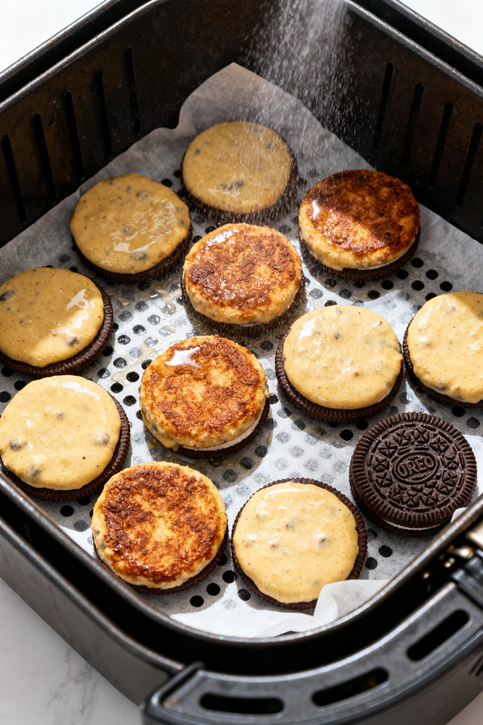 Cooking process: Overhead shot of batter-coated Oreos arranged in a single layer inside a preheated