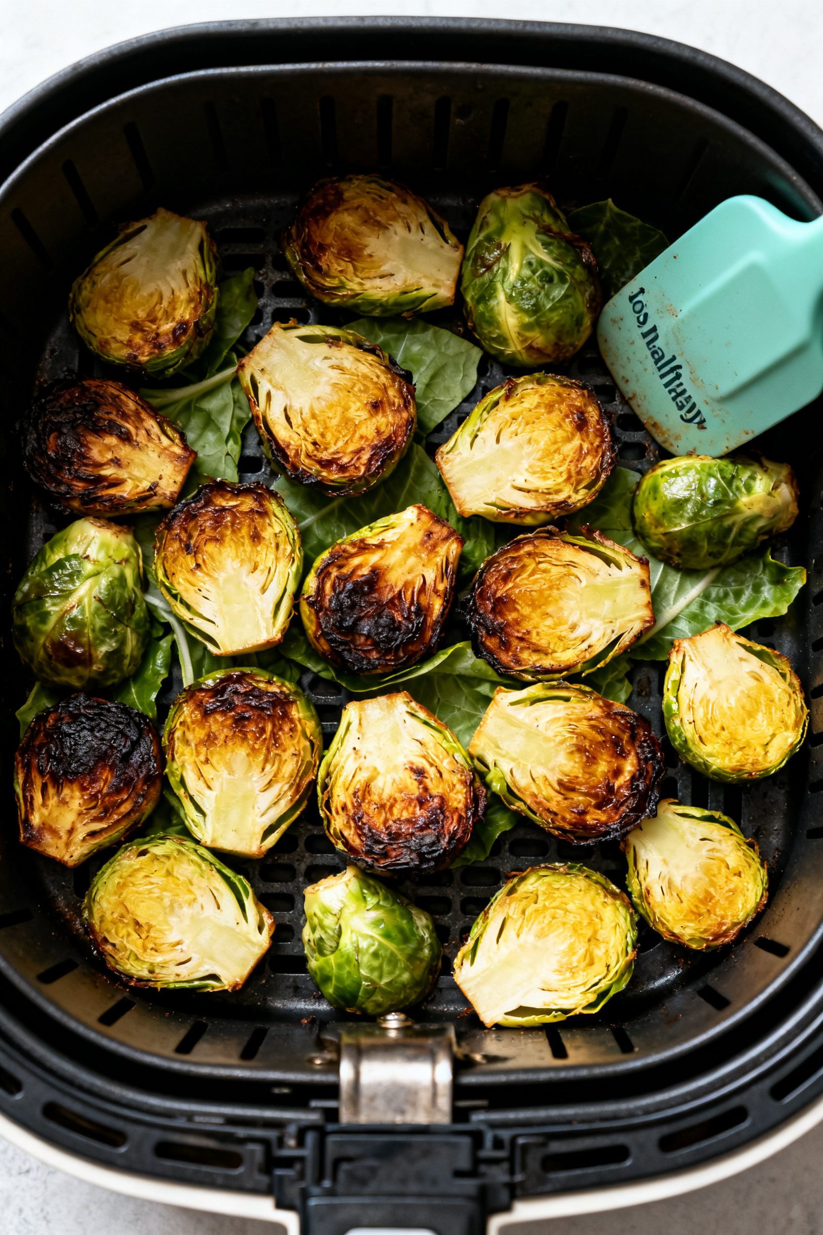 Cooking process: Overhead shot of Brussels sprouts arranged cut-side down in a preheated air fryer b