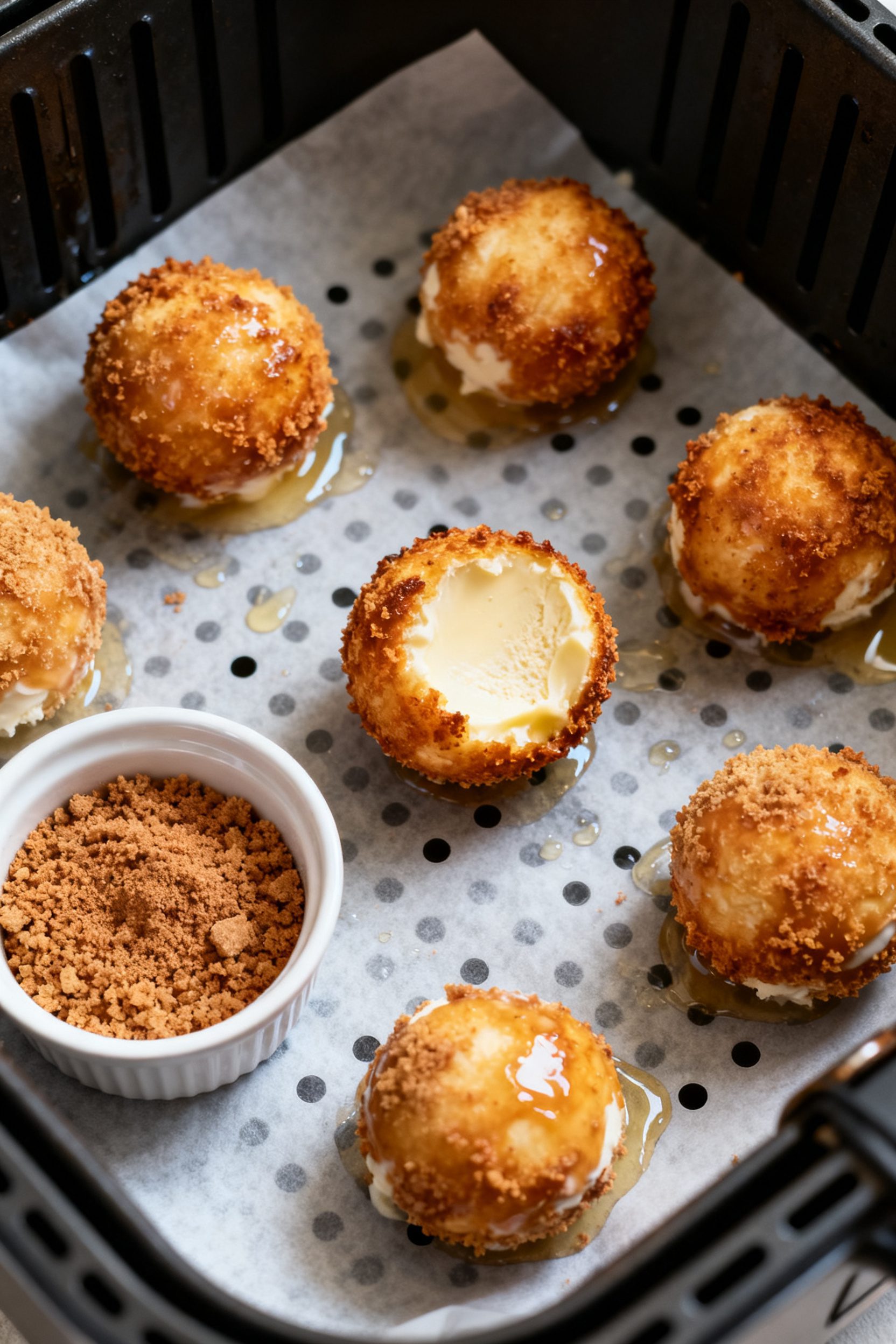 Cooking process: Overhead shot of coated ice cream balls in an air fryer basket lined with perforate