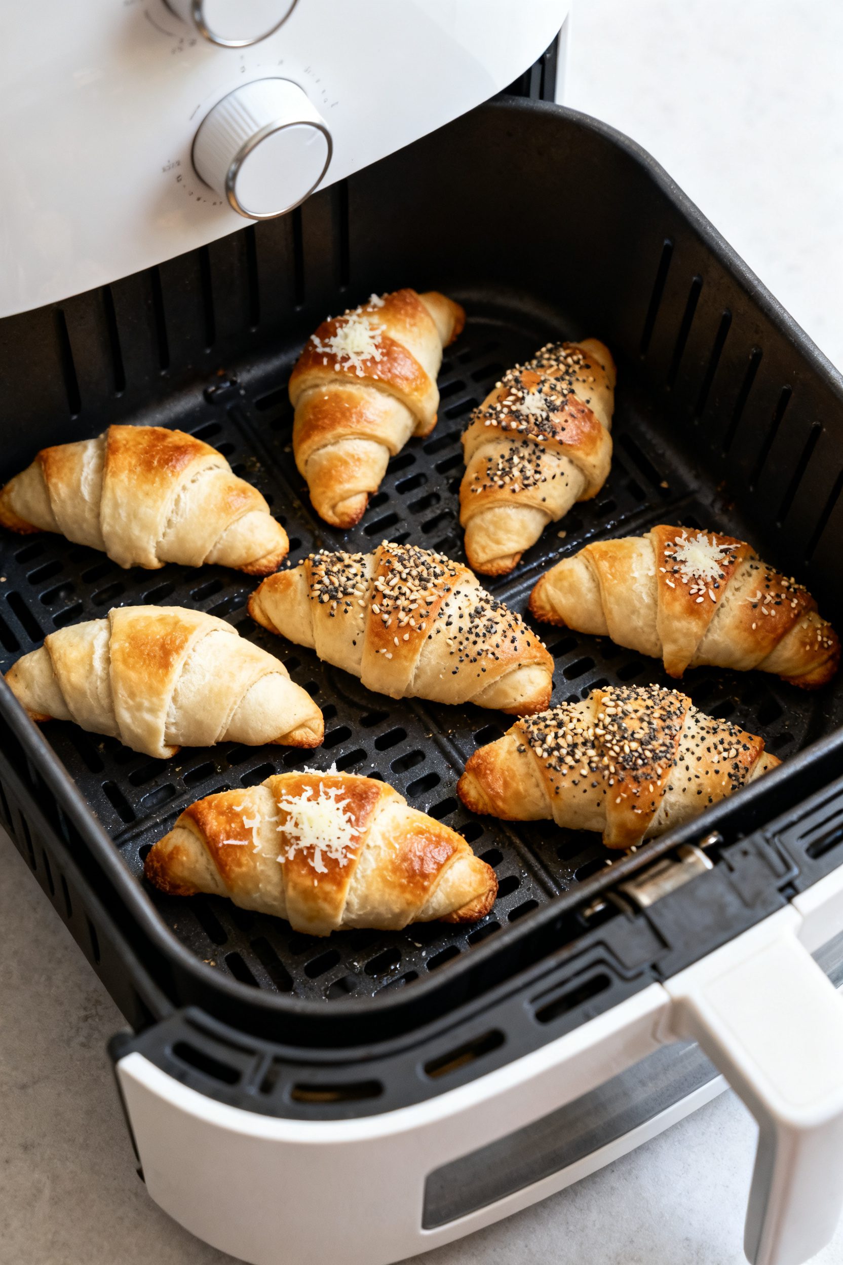 Cooking process: Overhead shot of crescent rolls arranged seam-side down in a preheated, lightly oil