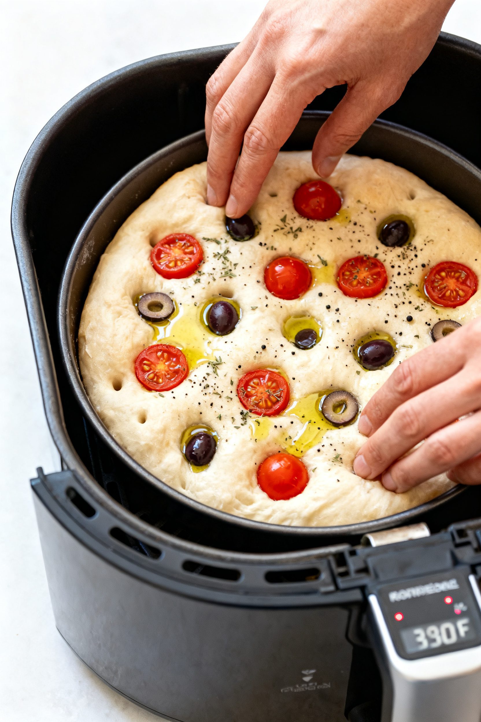 Cooking process: Overhead shot of focaccia dough in a round 7–8 inch cake pan inside an air fryer 