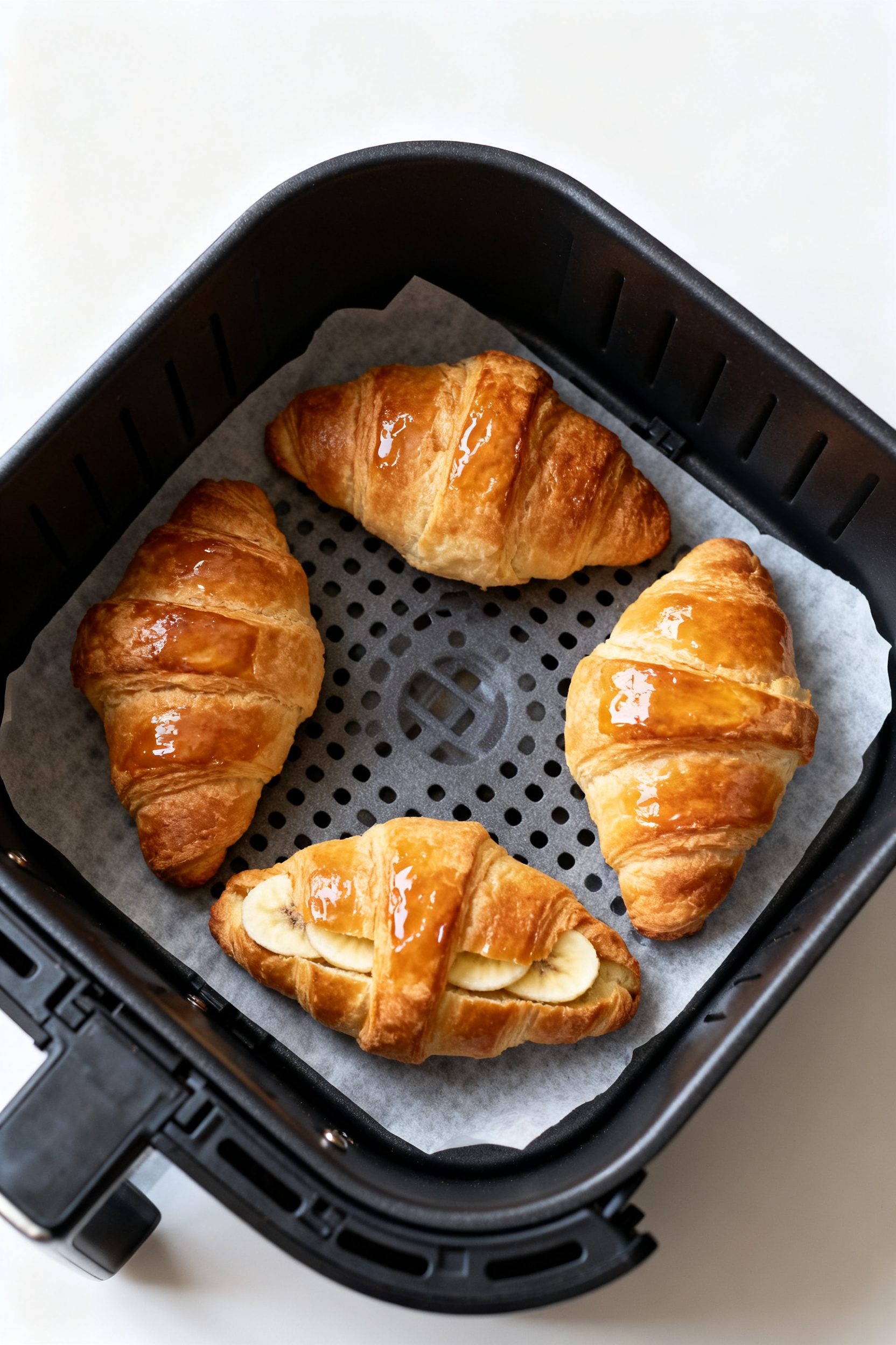 Cooking process: Overhead shot of four crescent rolls in an air fryer basket lined with perforated p
