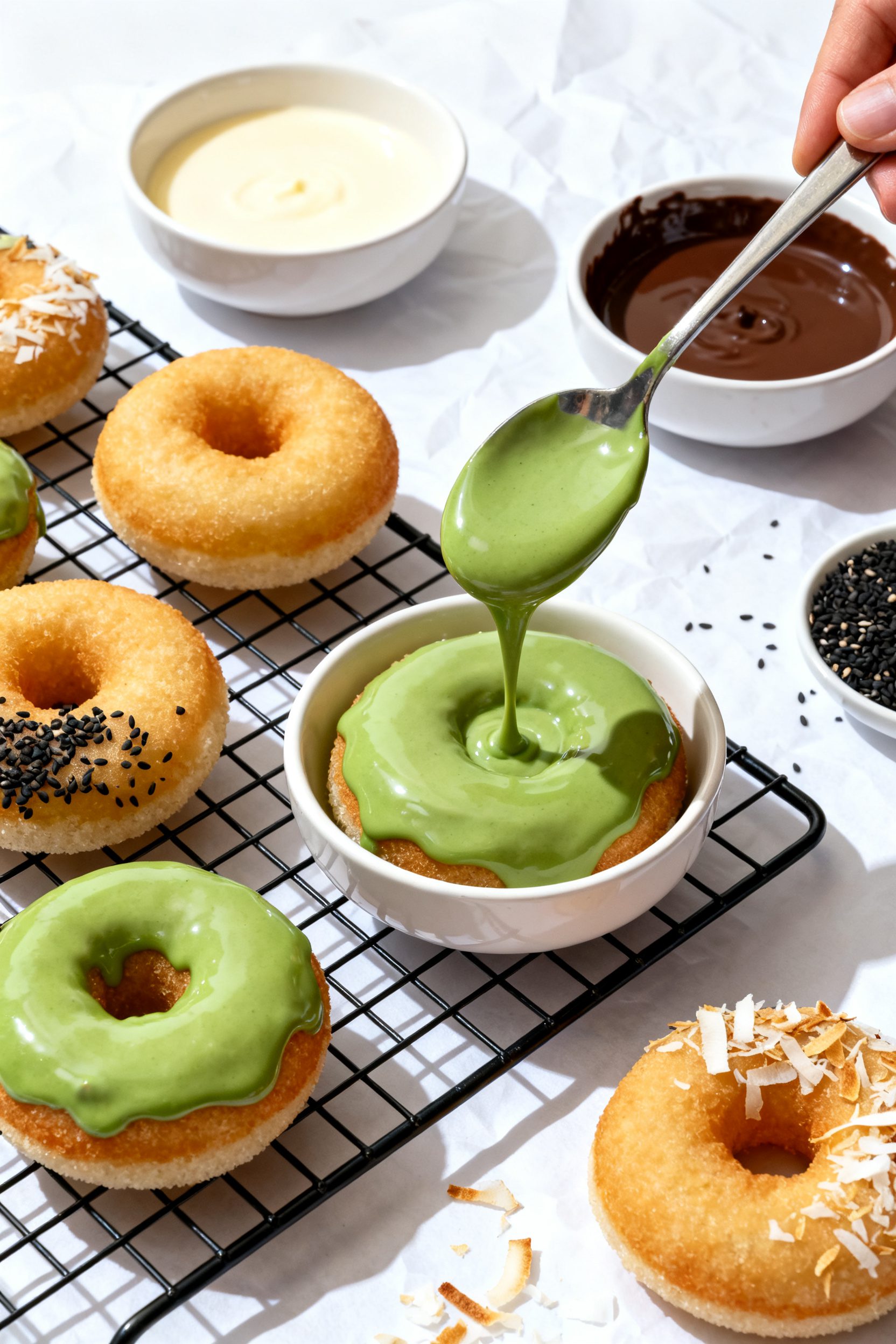 Cooking process: Overhead shot of glazing in action—warm (not hot) mochi donuts on a wire rack bei