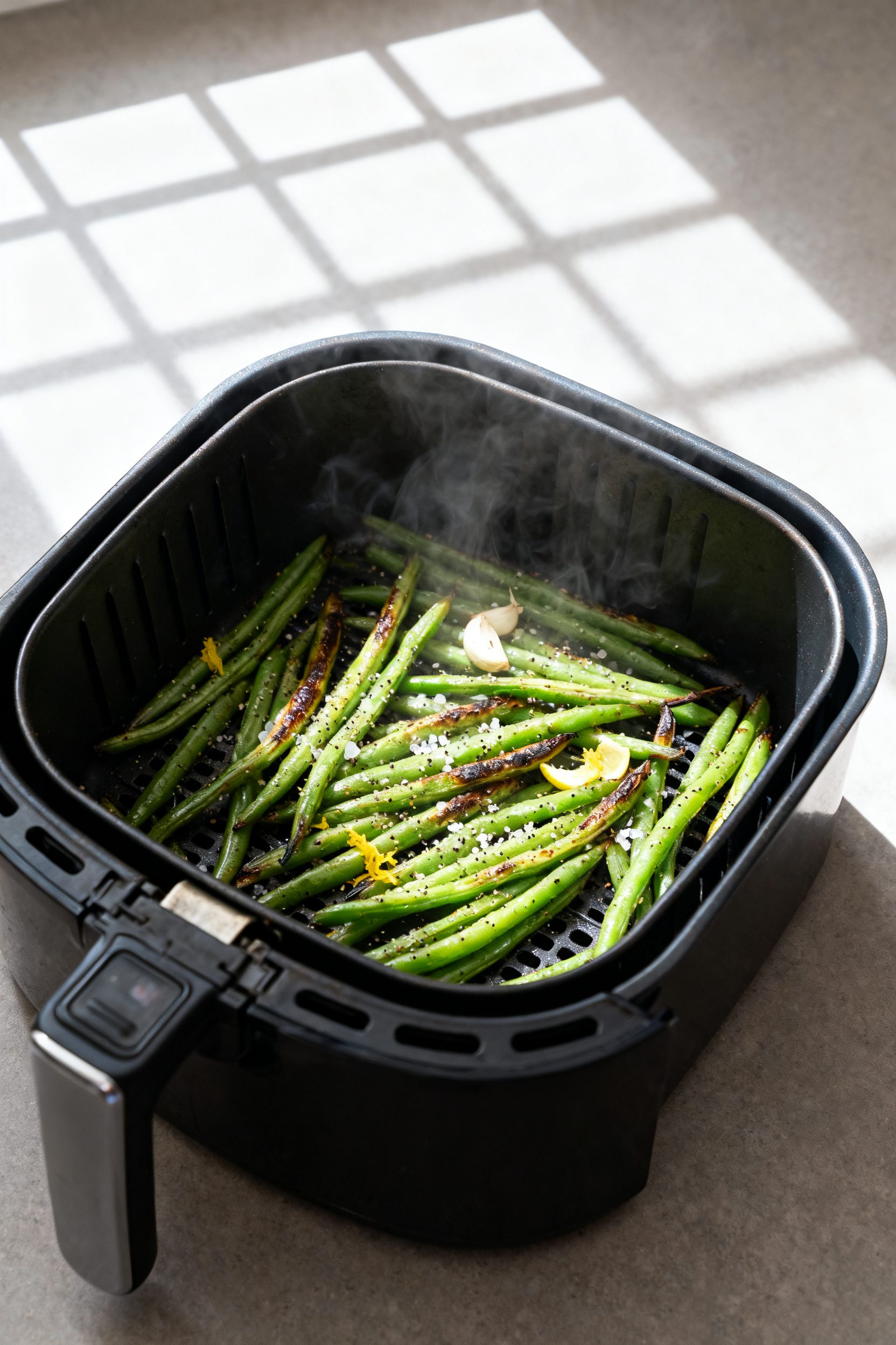 Cooking process: Overhead shot of green beans in a single layer inside an open air fryer basket at 3
