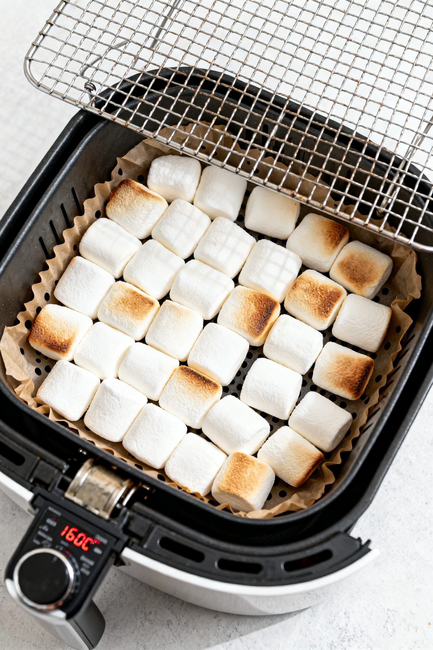 Cooking process: Overhead shot of marshmallows mid-dehydration in an air fryer basket lined with per