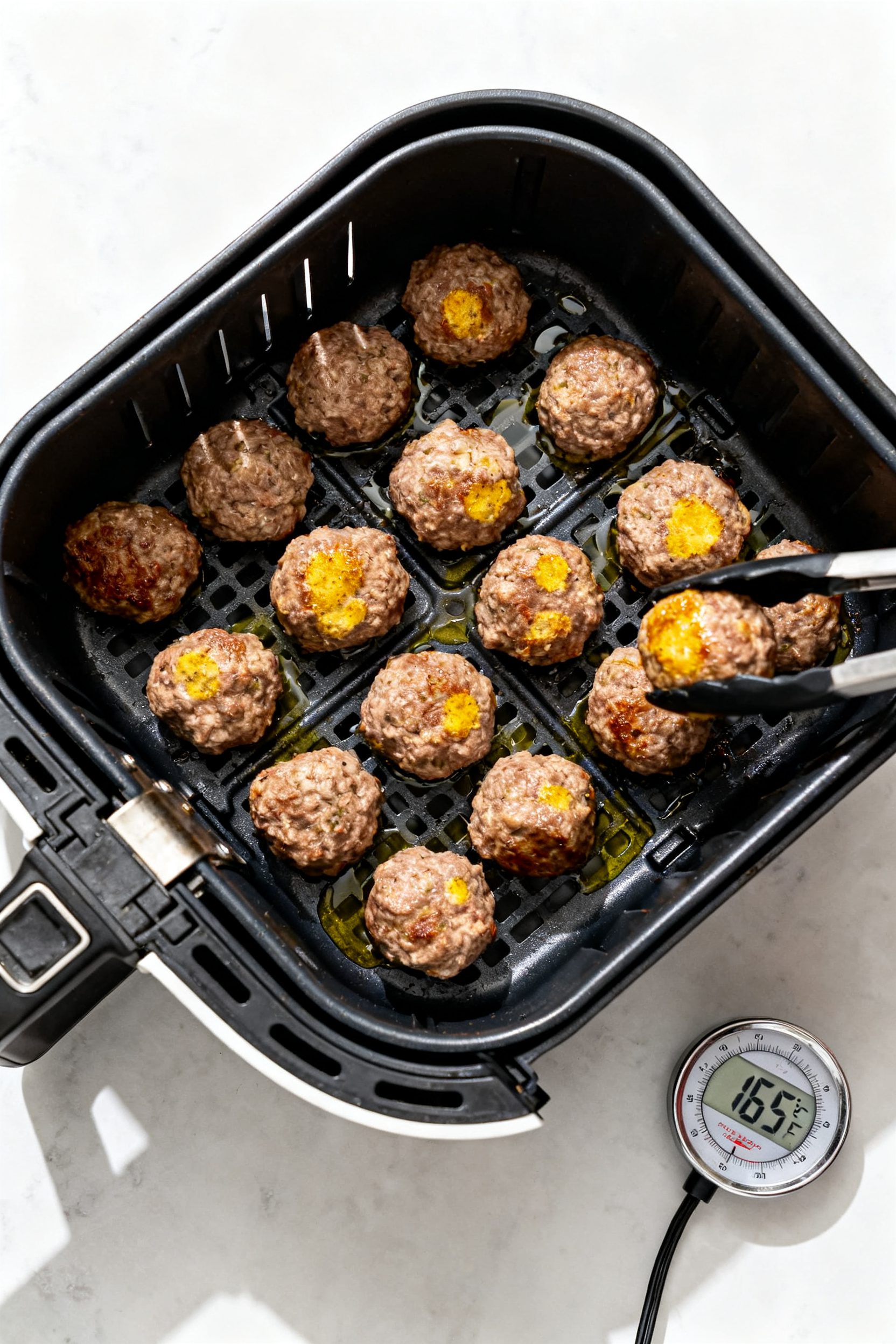 Cooking process: Overhead shot of meatballs arranged in a single layer inside an open air fryer bask