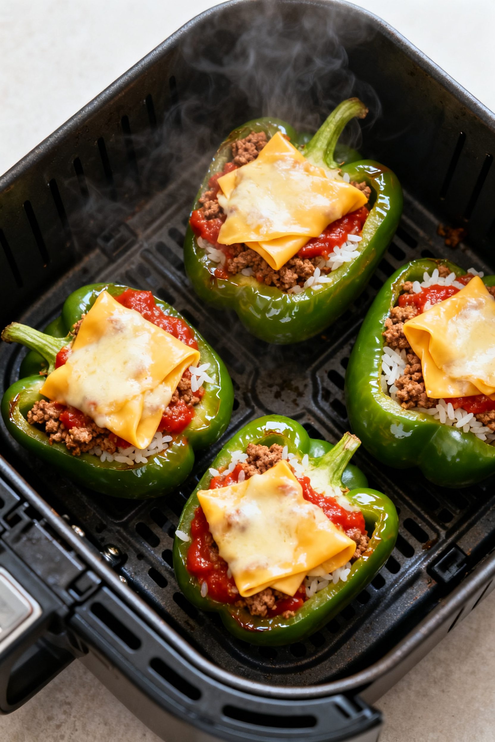 Cooking process: Overhead shot of pre-cooked bell peppers being stuffed and arranged in an air fryer