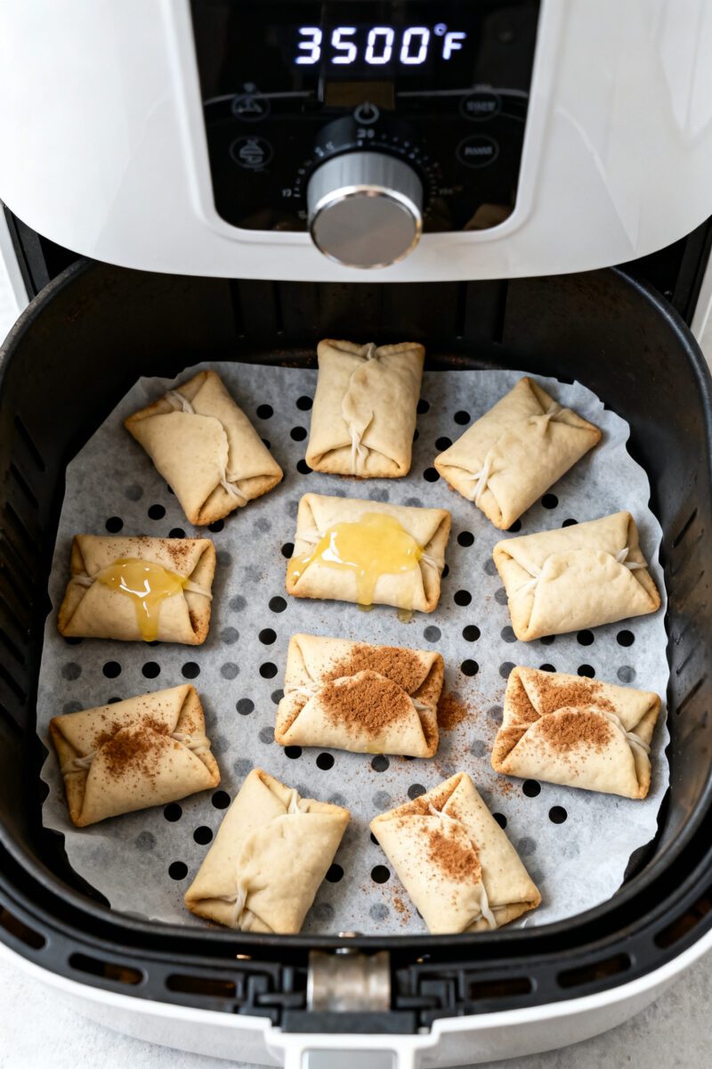 Cooking process: Overhead shot of sealed, dough-wrapped cookies arranged in a single layer inside an