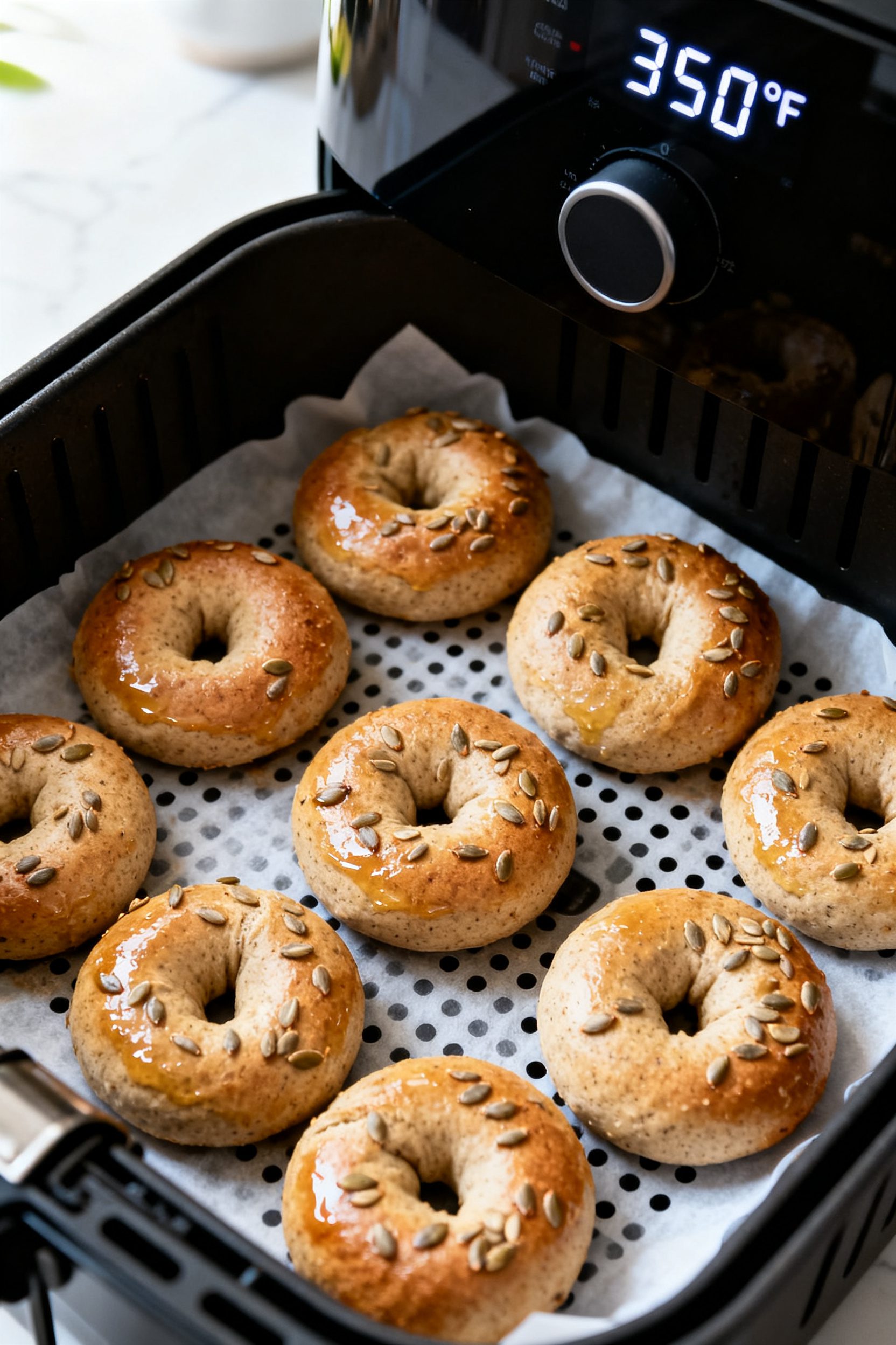 Cooking process: Overhead shot of shaped gluten free bagels arranged in a single layer inside an air