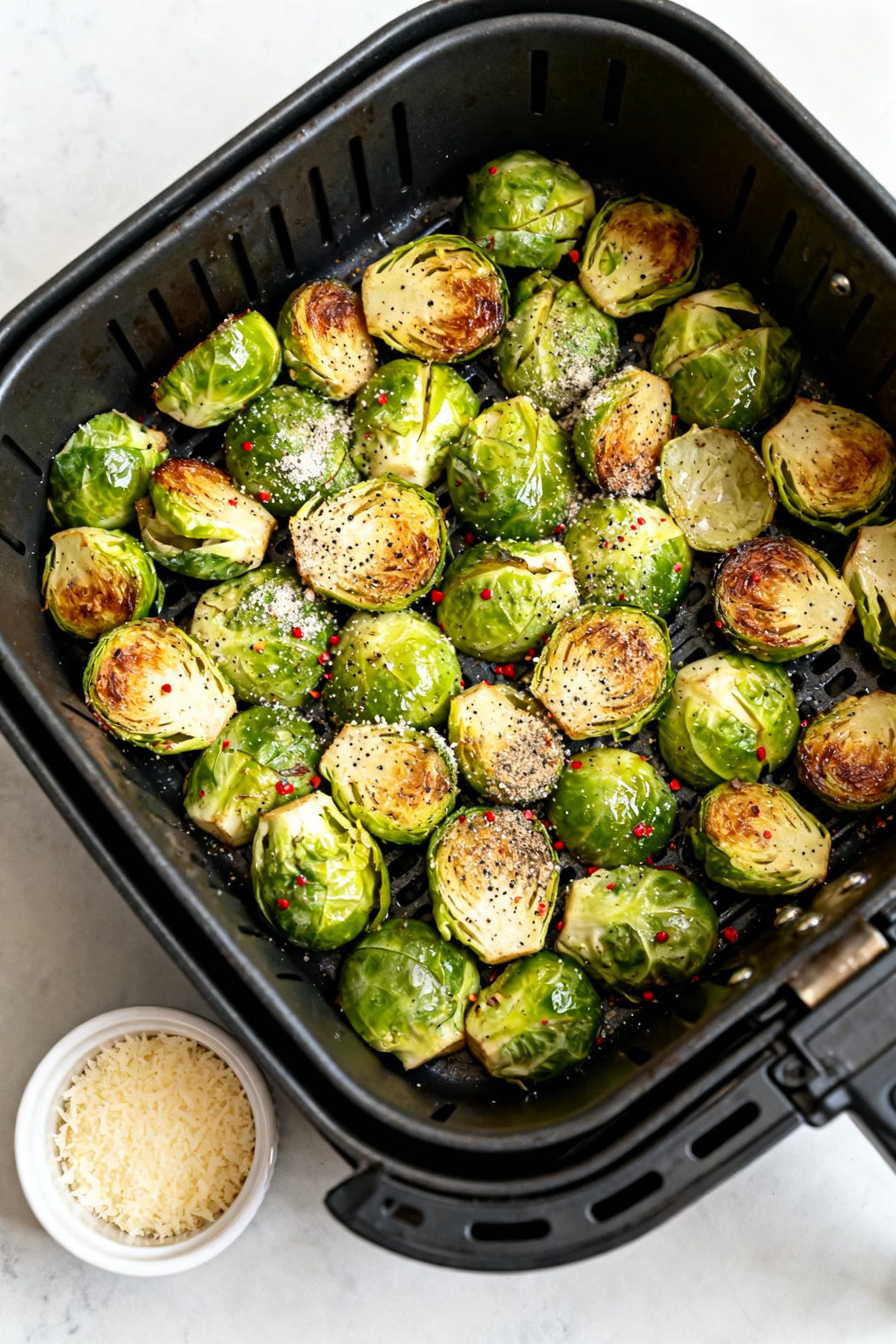 Cooking process: Overhead shot of smashed Brussels sprouts arranged in a single layer in a preheated