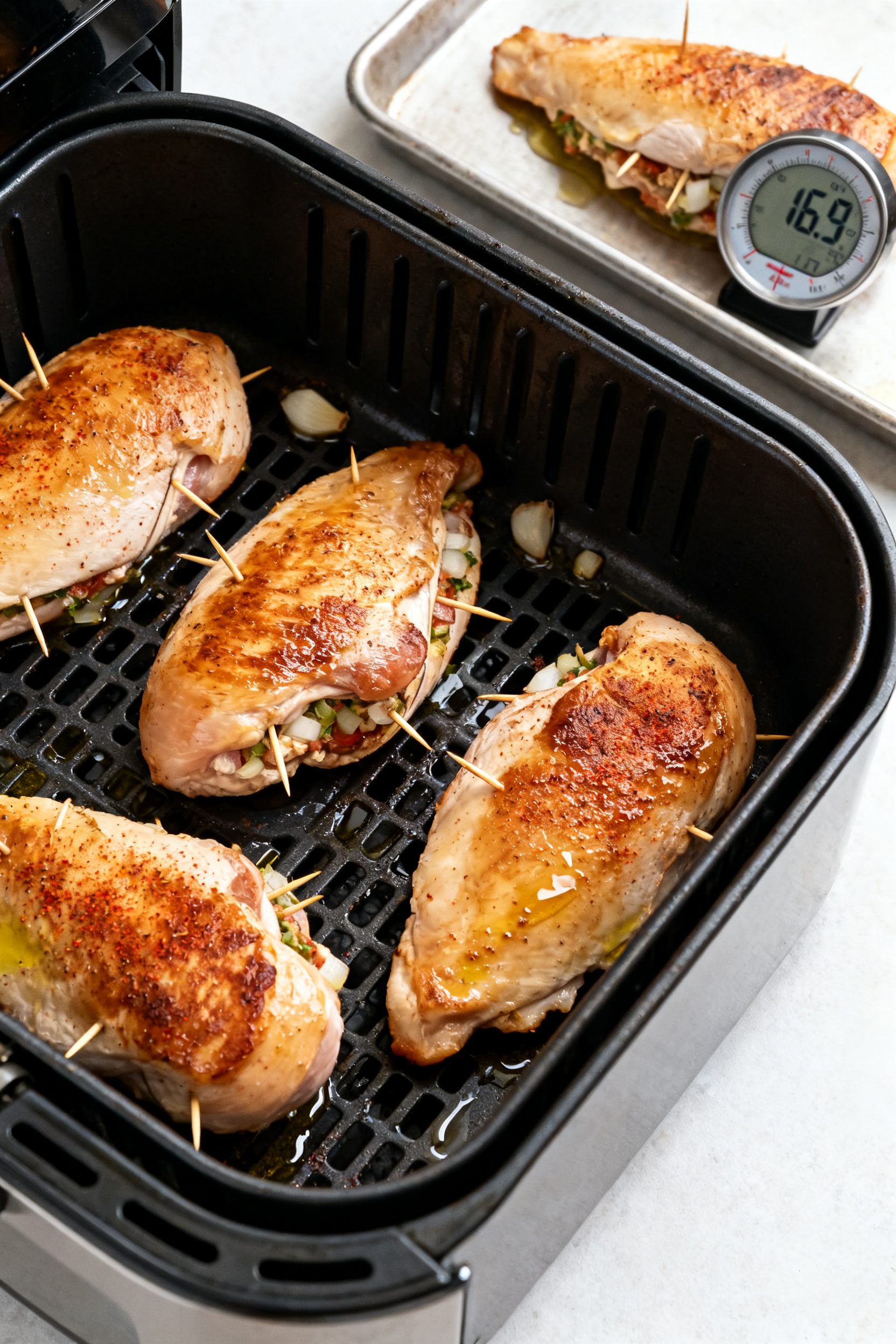 Cooking process: Overhead shot of stuffed chicken breasts arranged spaced apart in an open air fryer