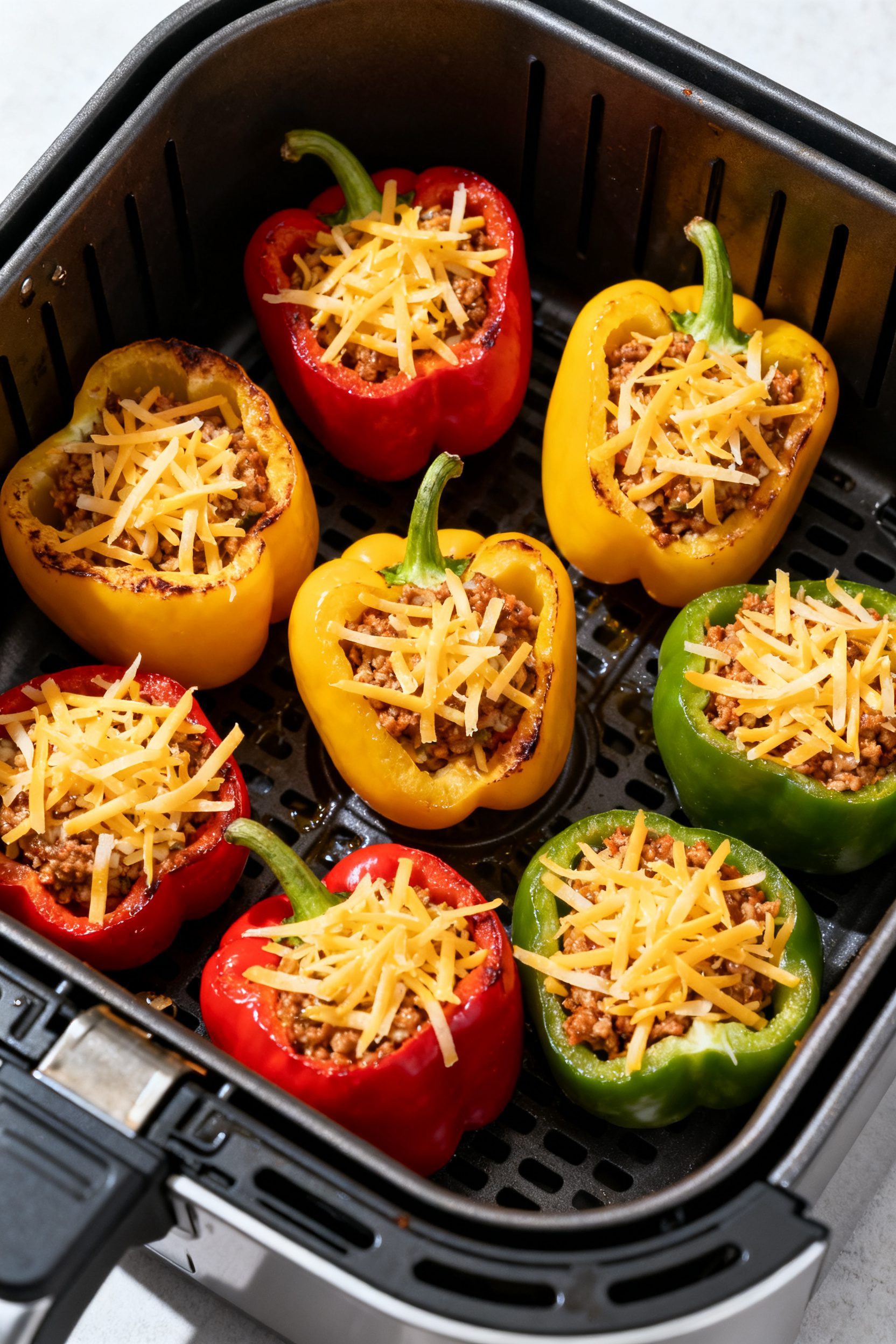 Cooking process: Overhead shot of stuffed peppers arranged upright in an air fryer basket at 360°F,