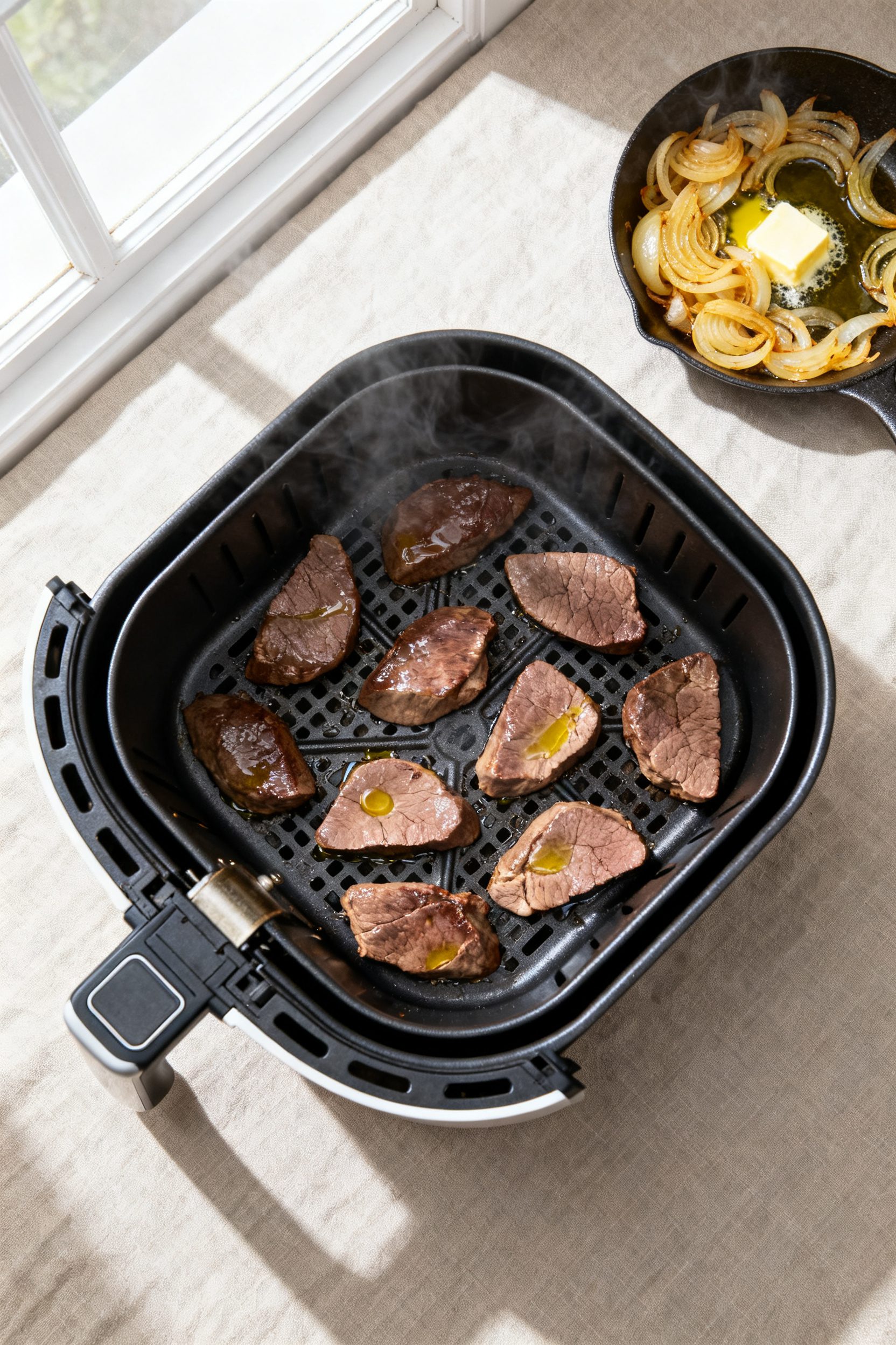 Cooking process: Overhead shot of the air fryer basket mid-cook at 380°F, liver pieces arranged in 