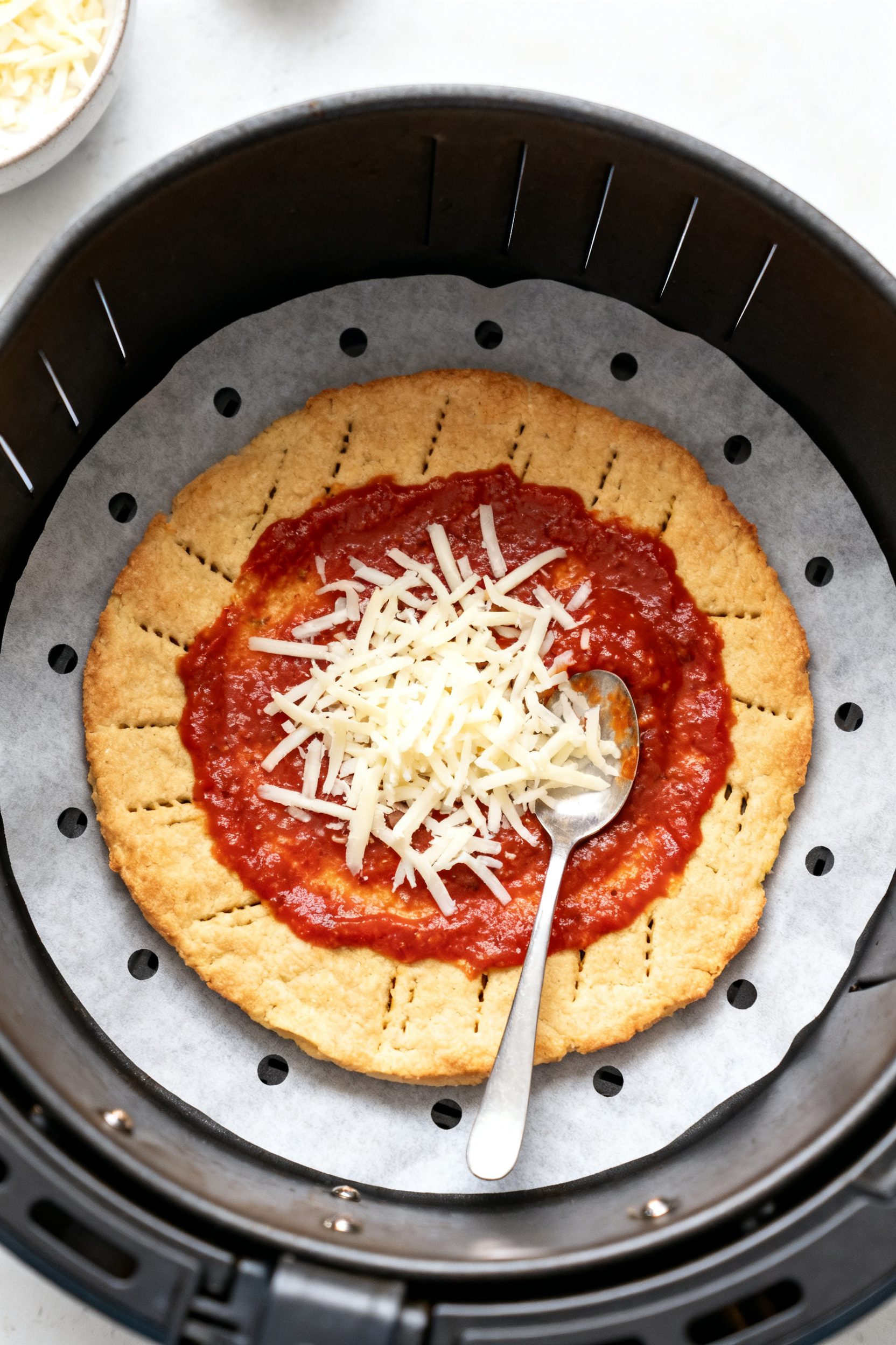Cooking process: Overhead shot of the par-baked keto crust inside an air fryer basket at the flip st