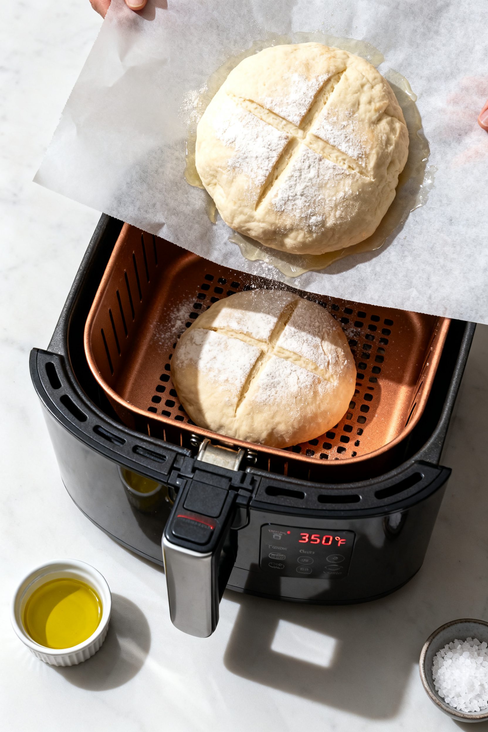 Cooking process: Overhead shot of the shaped dough on a square of lightly oiled parchment being lowe