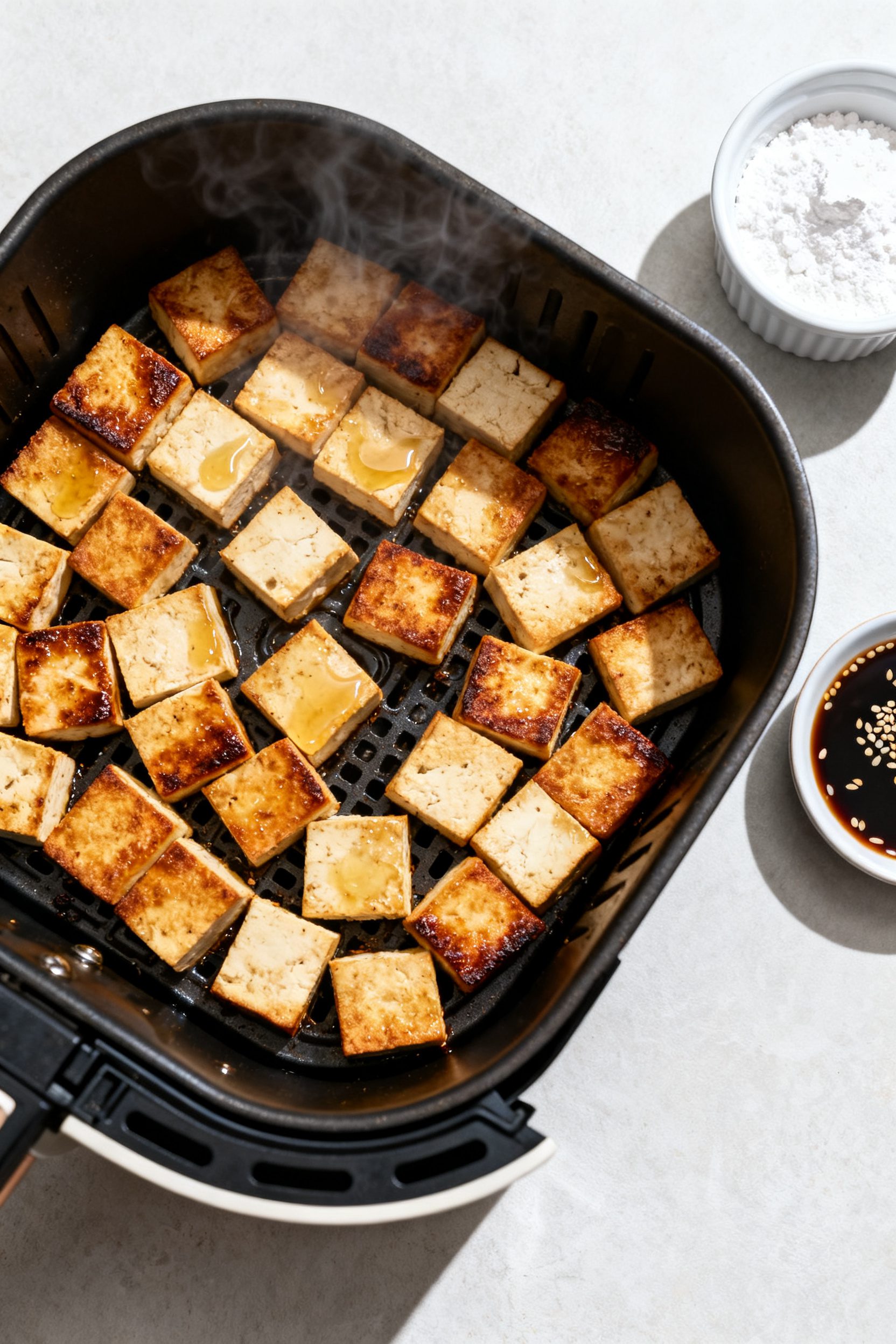 Cooking process: Overhead shot of tofu arranged in a single layer in an air fryer basket at 390–40