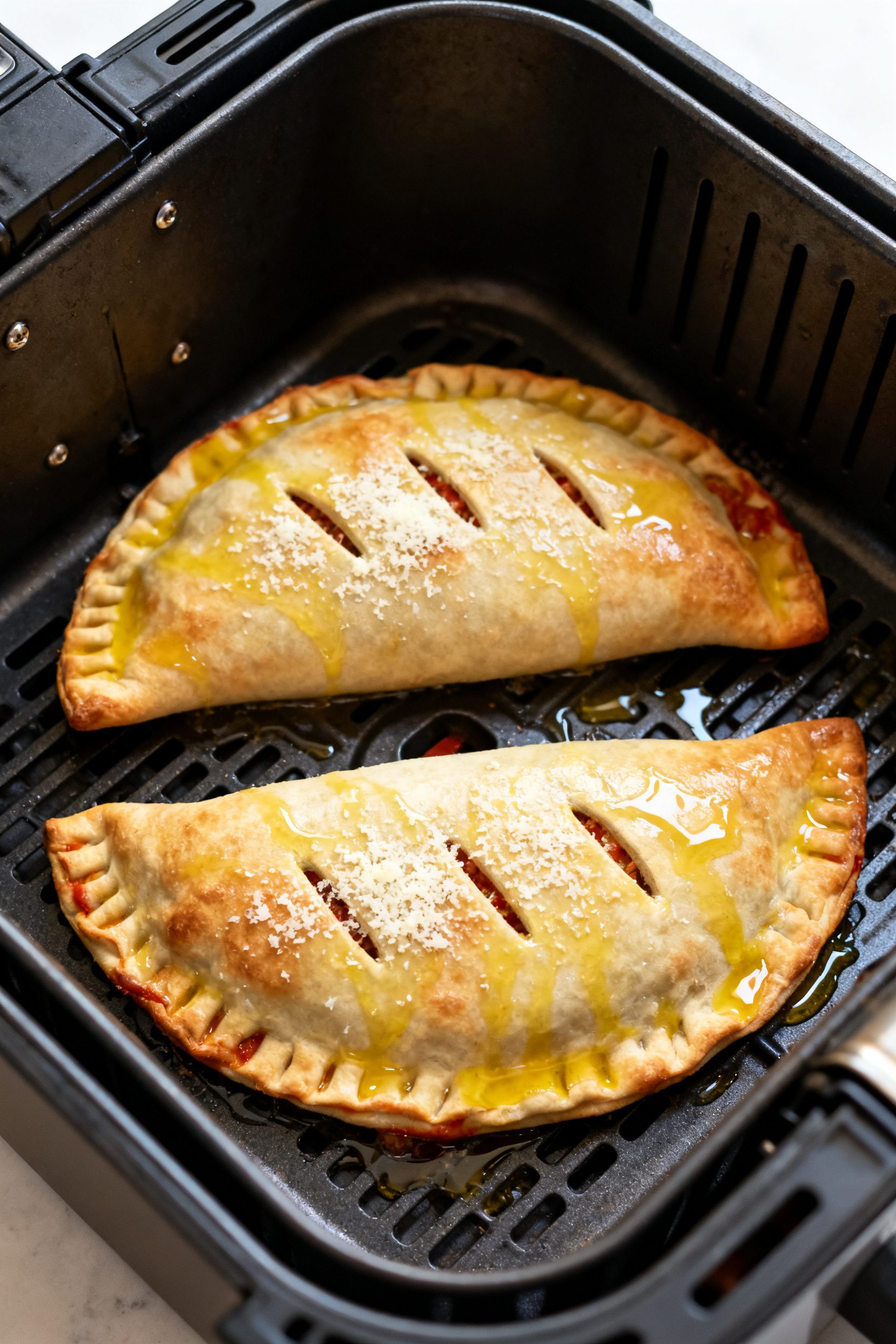 Cooking process: Overhead shot of two sealed calzones placed in a preheated air fryer basket, spaced