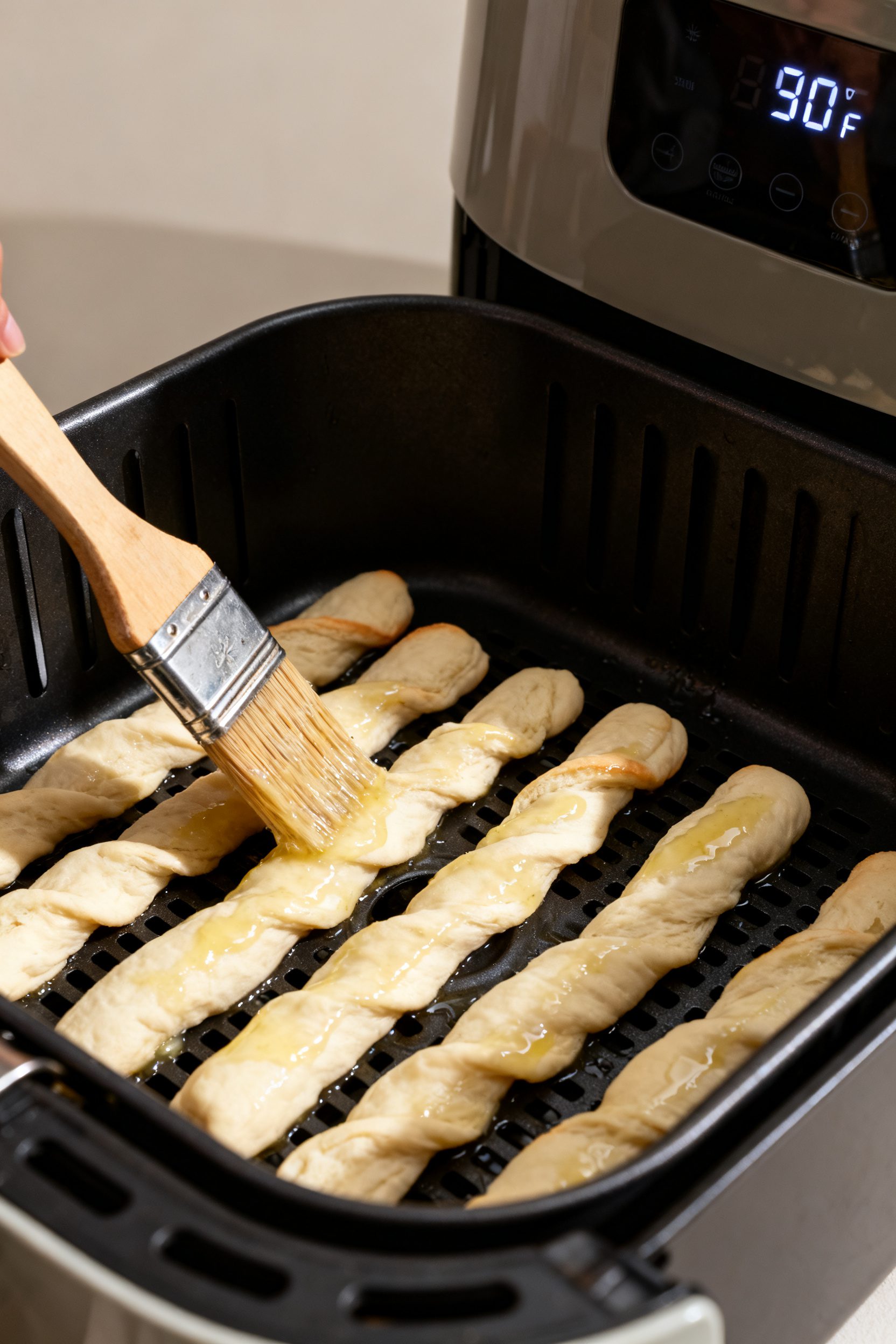 Cooking process: Proofed breadstick ropes arranged with space in a lightly oiled air fryer basket, b