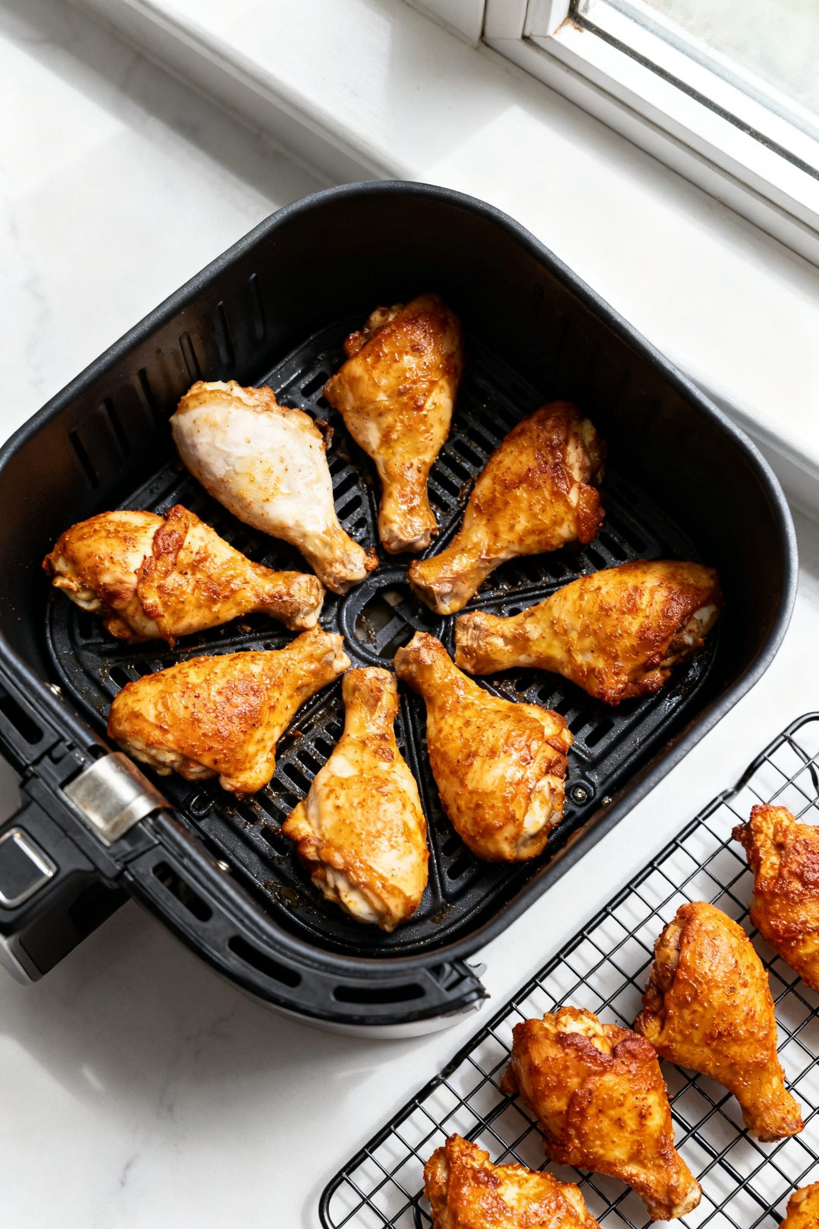 Cooking process scene: overhead shot of an air fryer basket arranged with evenly spaced, coated chic