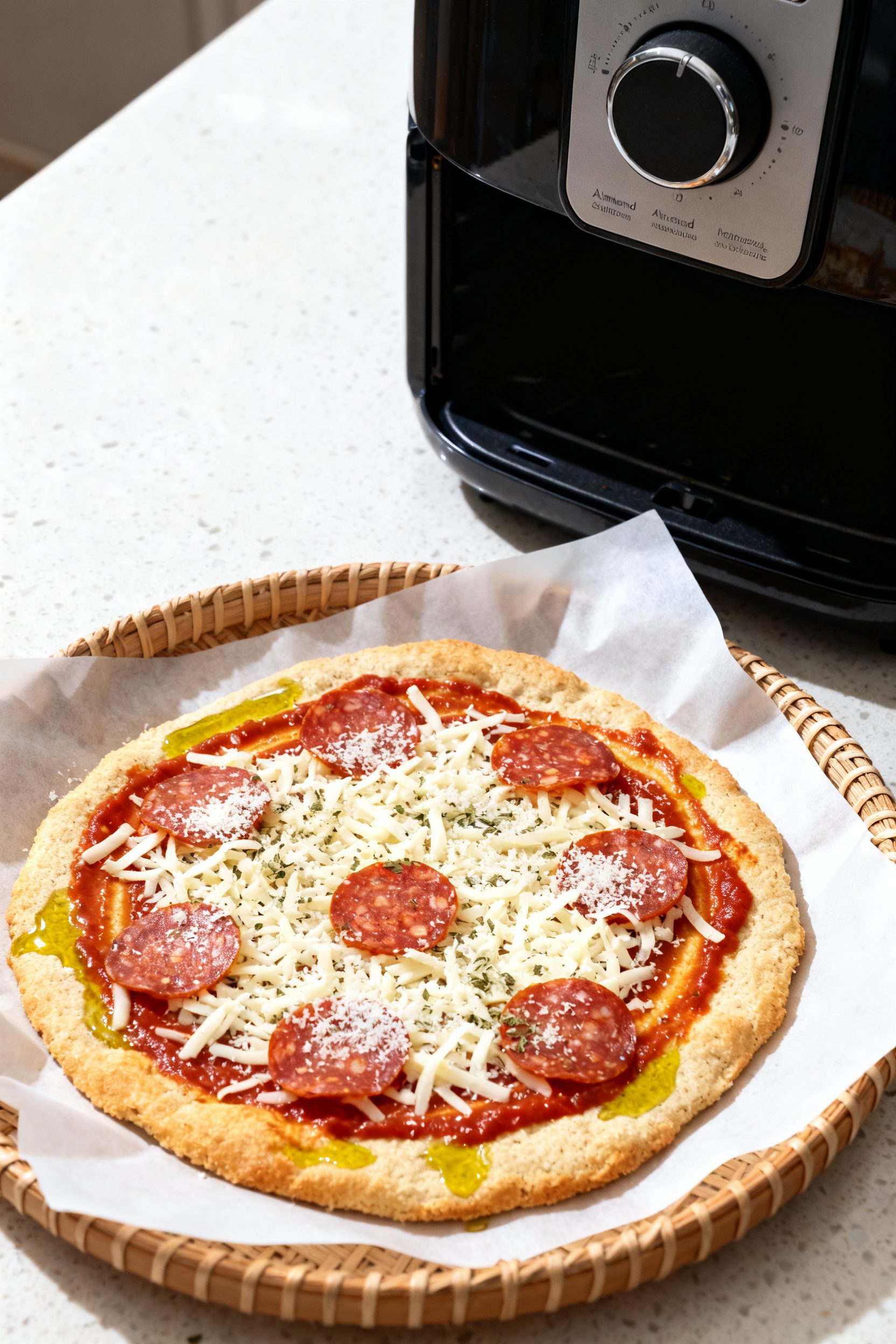 Cooking process scene: Par-baked almond-flour crust being topped—thin swipe of sauce already sprea