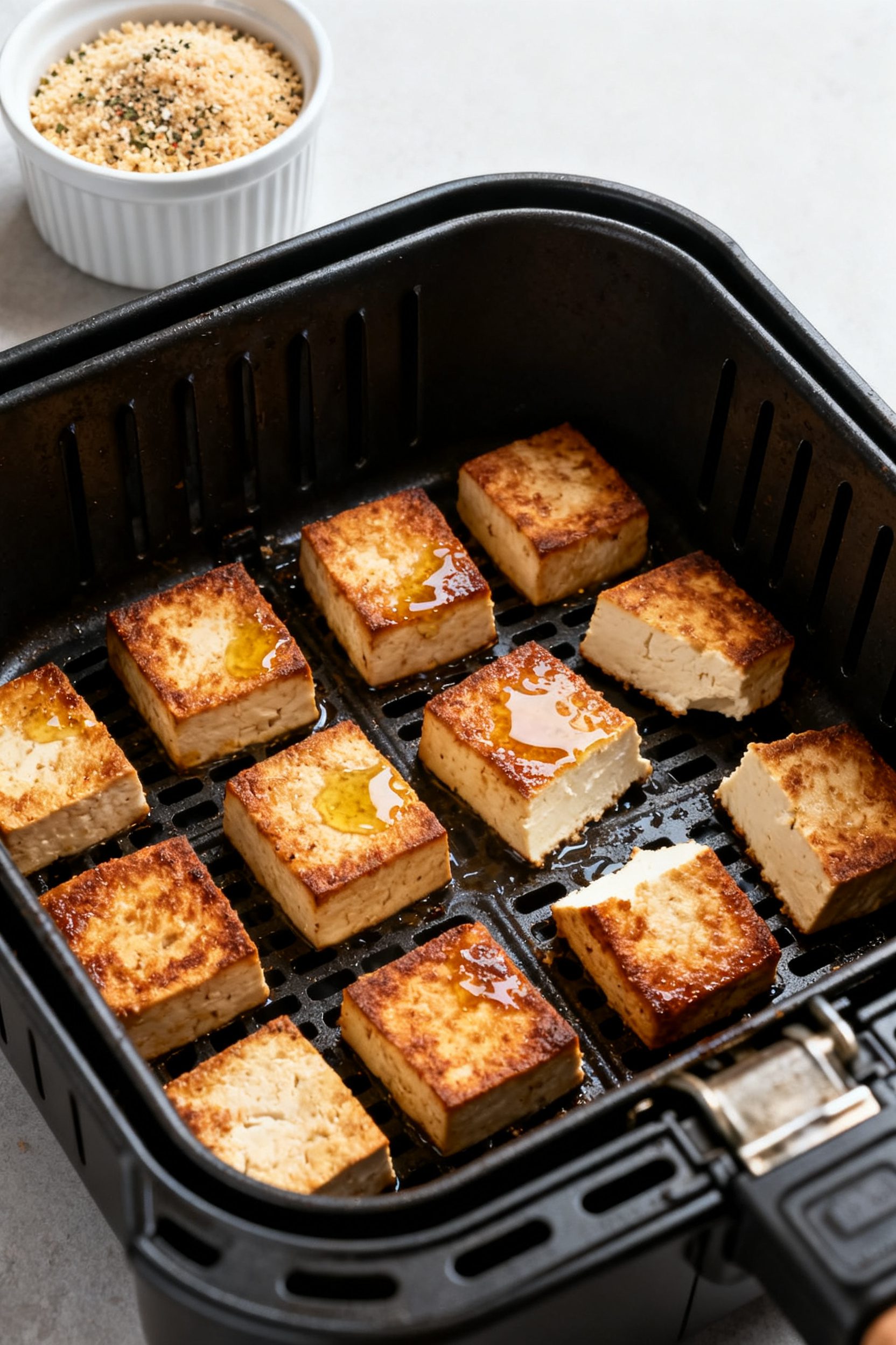 Cooking process scene: tofu pieces mid-cook in an open air fryer basket at 380°F, arranged with spa
