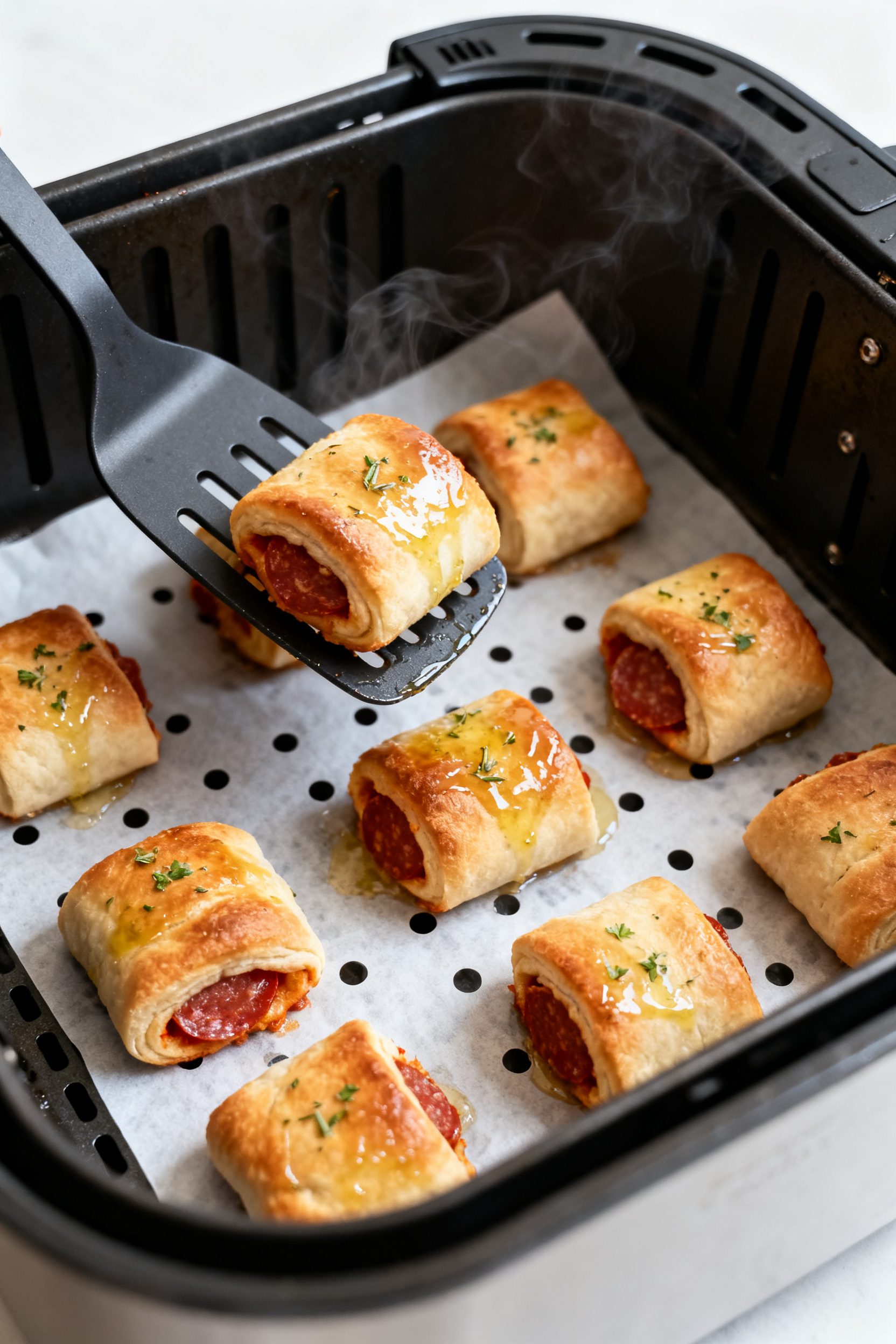 Cooking process: Seam-side-down pepperoni rolls mid-cook in an open air fryer basket at 360°F, even